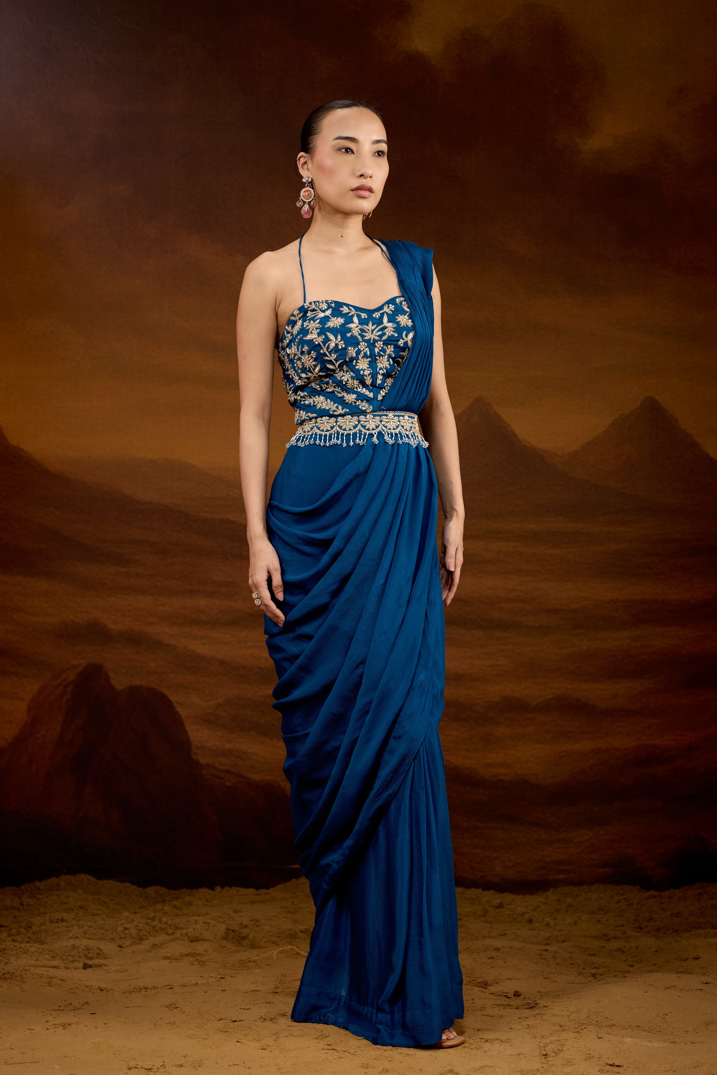 Teal Blue Embellished Chinon Silk Draped Saree