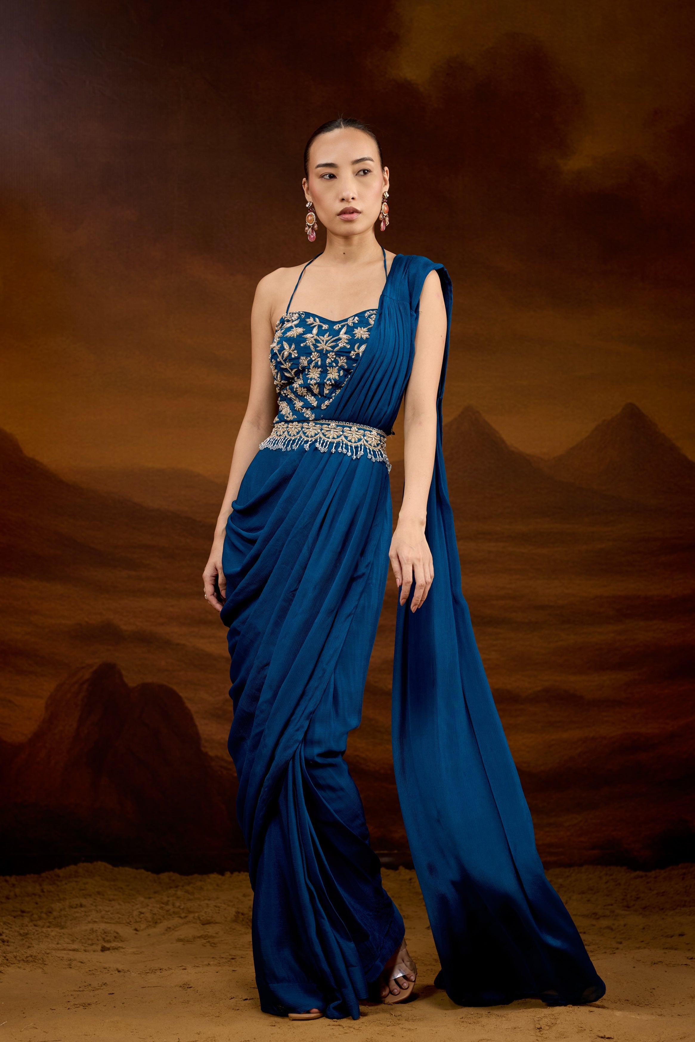 Teal Blue Embellished Chinon Silk Draped Saree