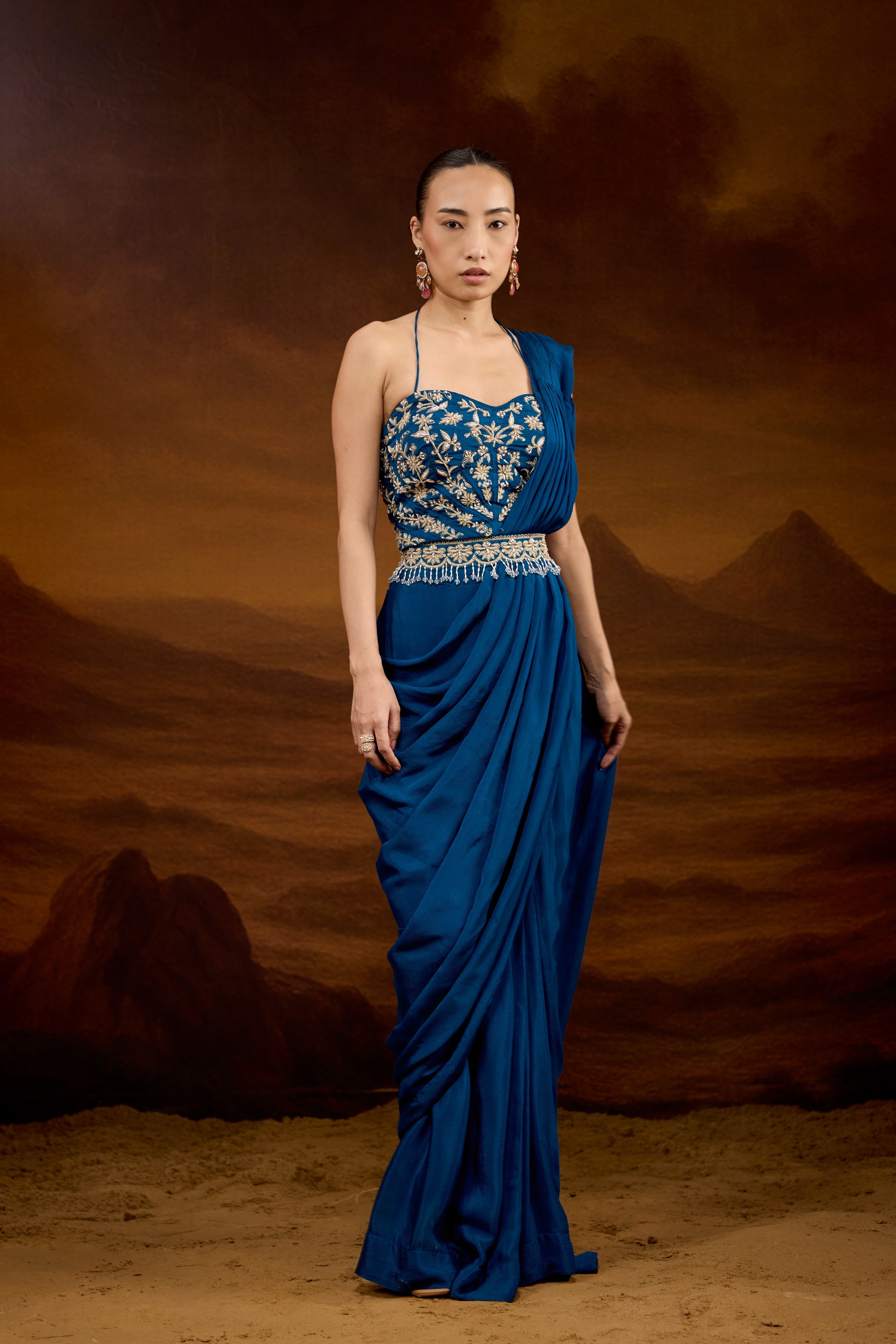 Teal Blue Embellished Chinon Silk Draped Saree