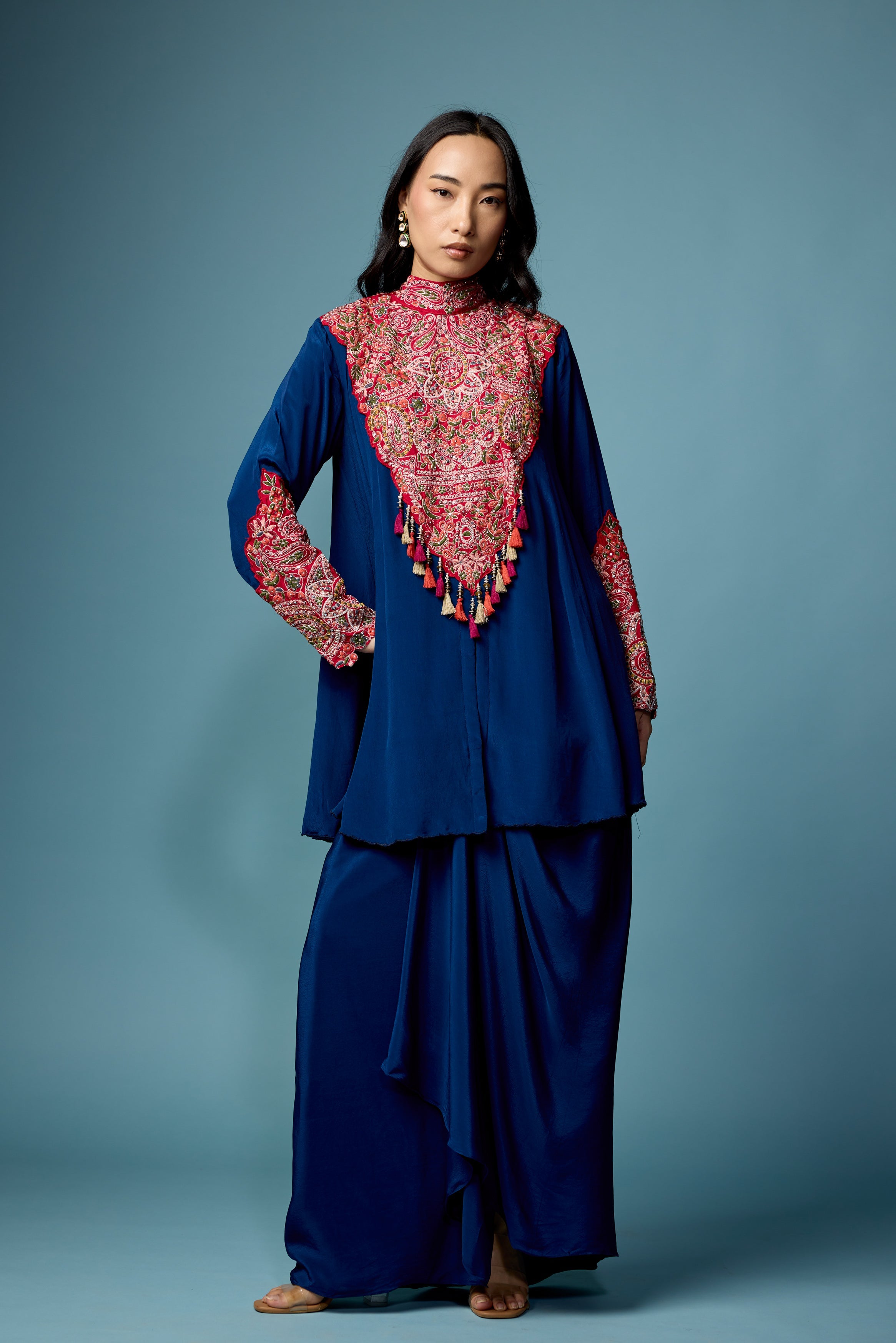 Deep Blue Embellished Chinon Silk Skirt Set