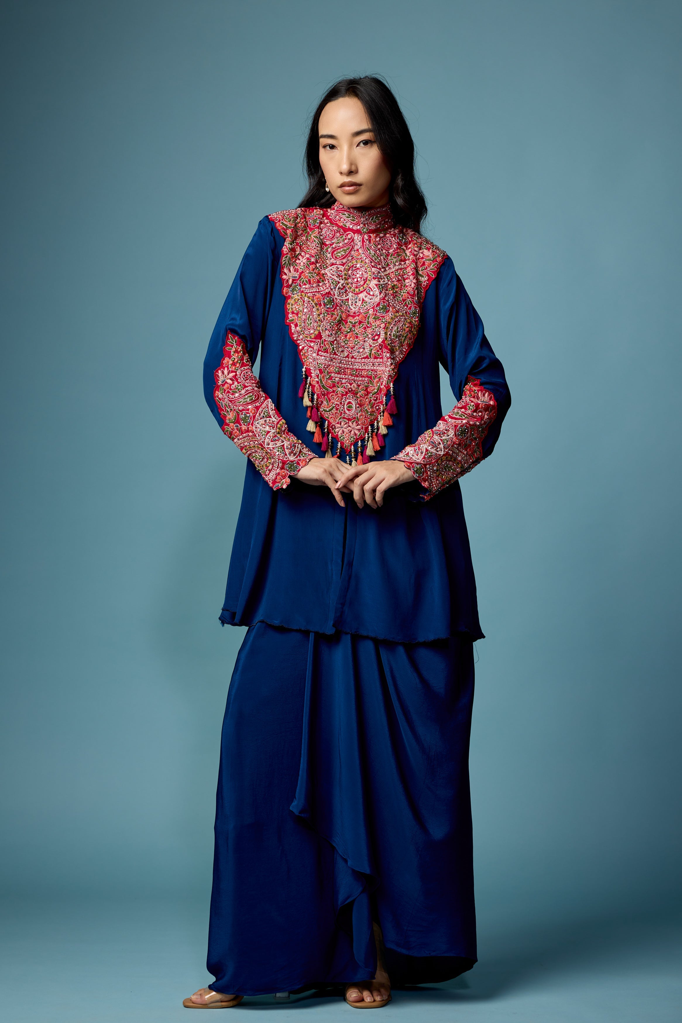 Deep Blue Embellished Chinon Silk Skirt Set