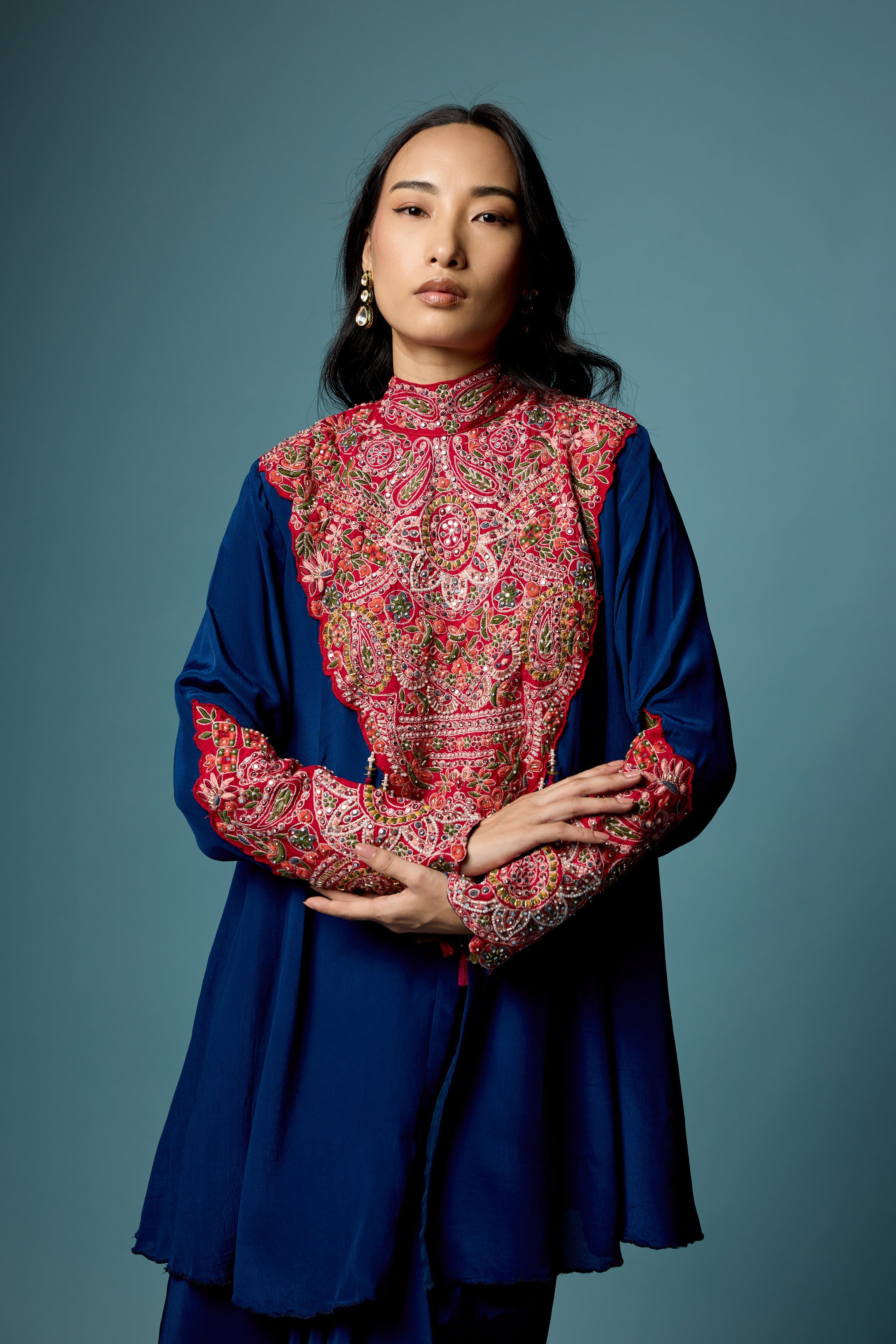 Deep Blue Embellished Chinon Silk Skirt Set