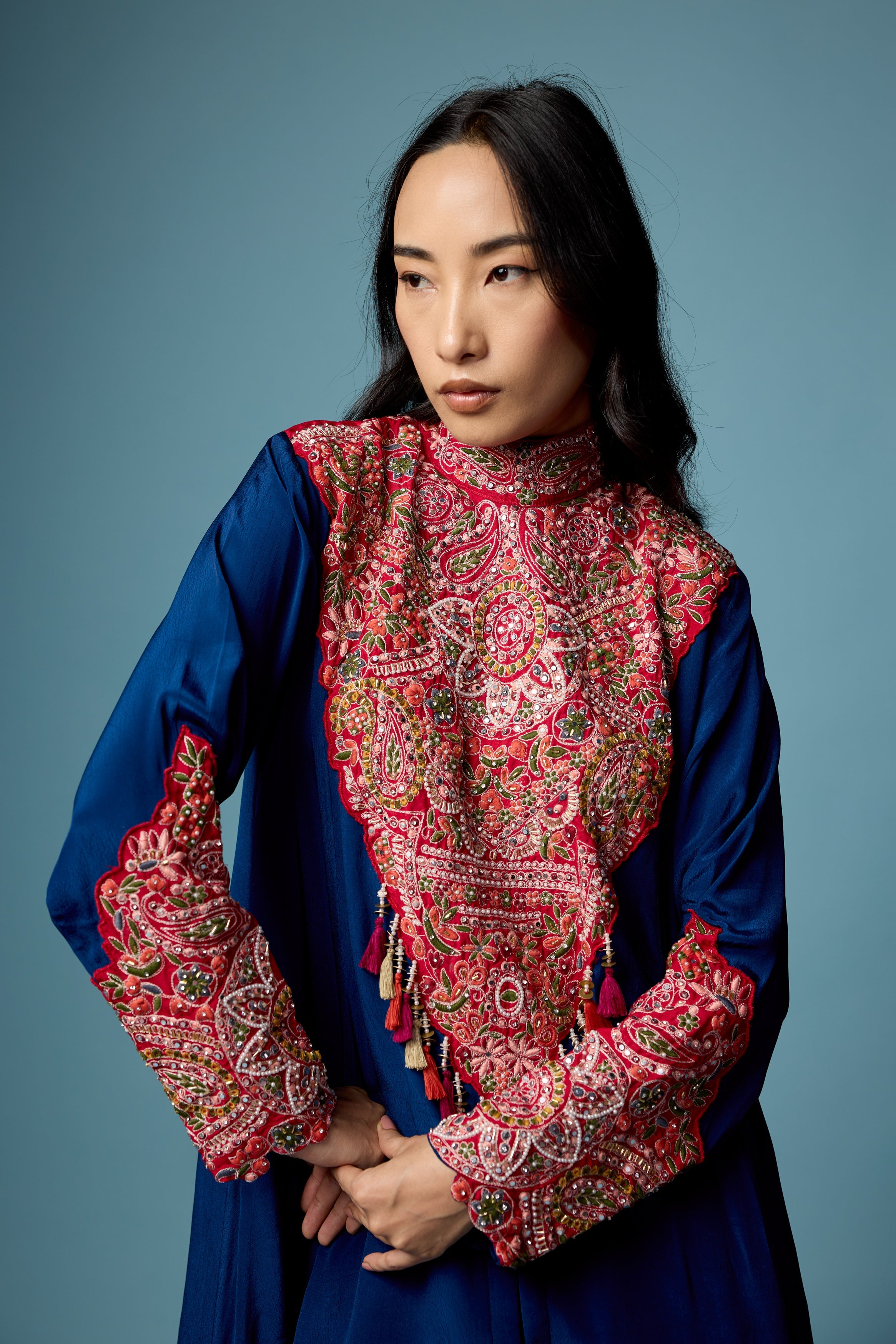 Deep Blue Embellished Chinon Silk Skirt Set