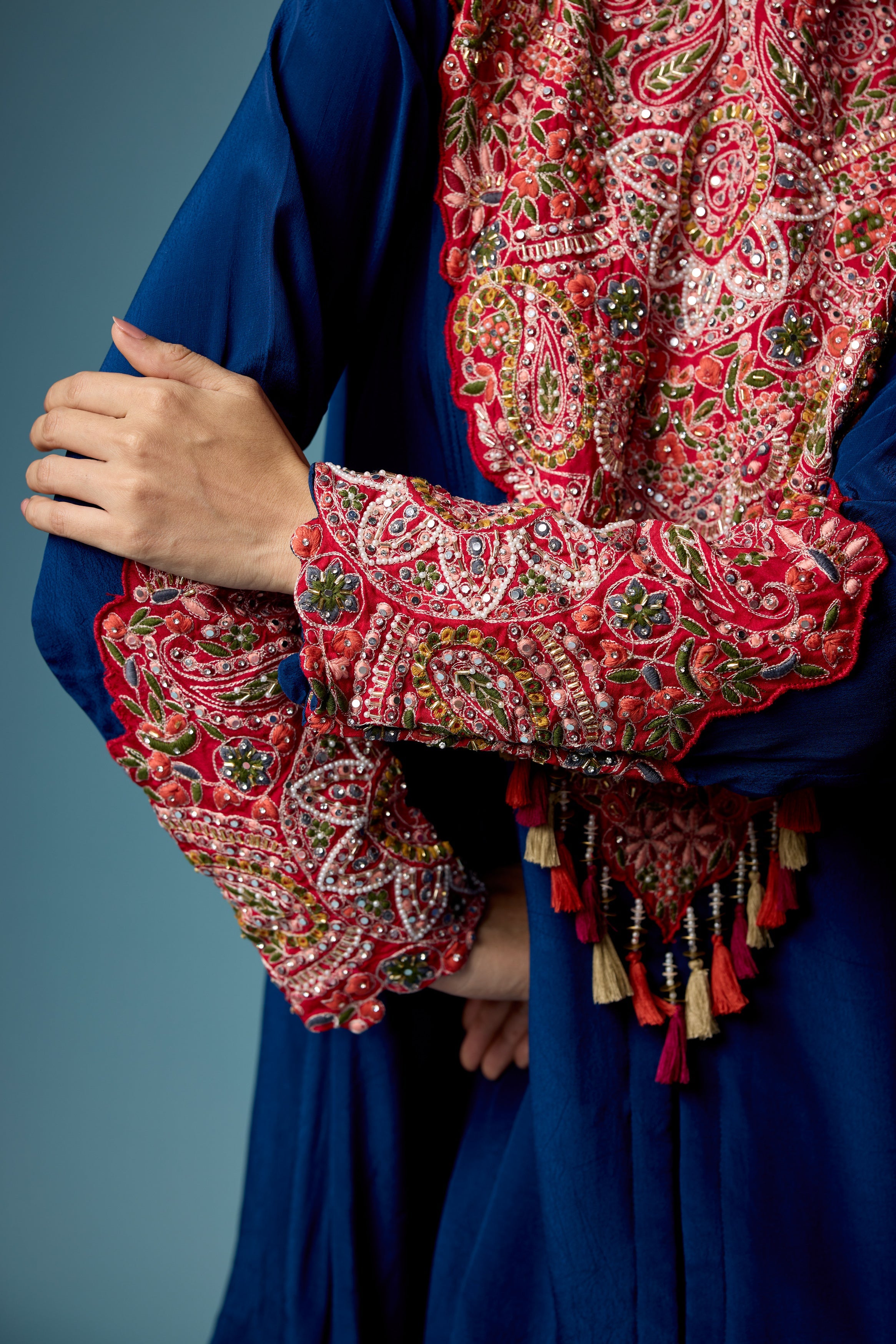 Deep Blue Embellished Chinon Silk Skirt Set