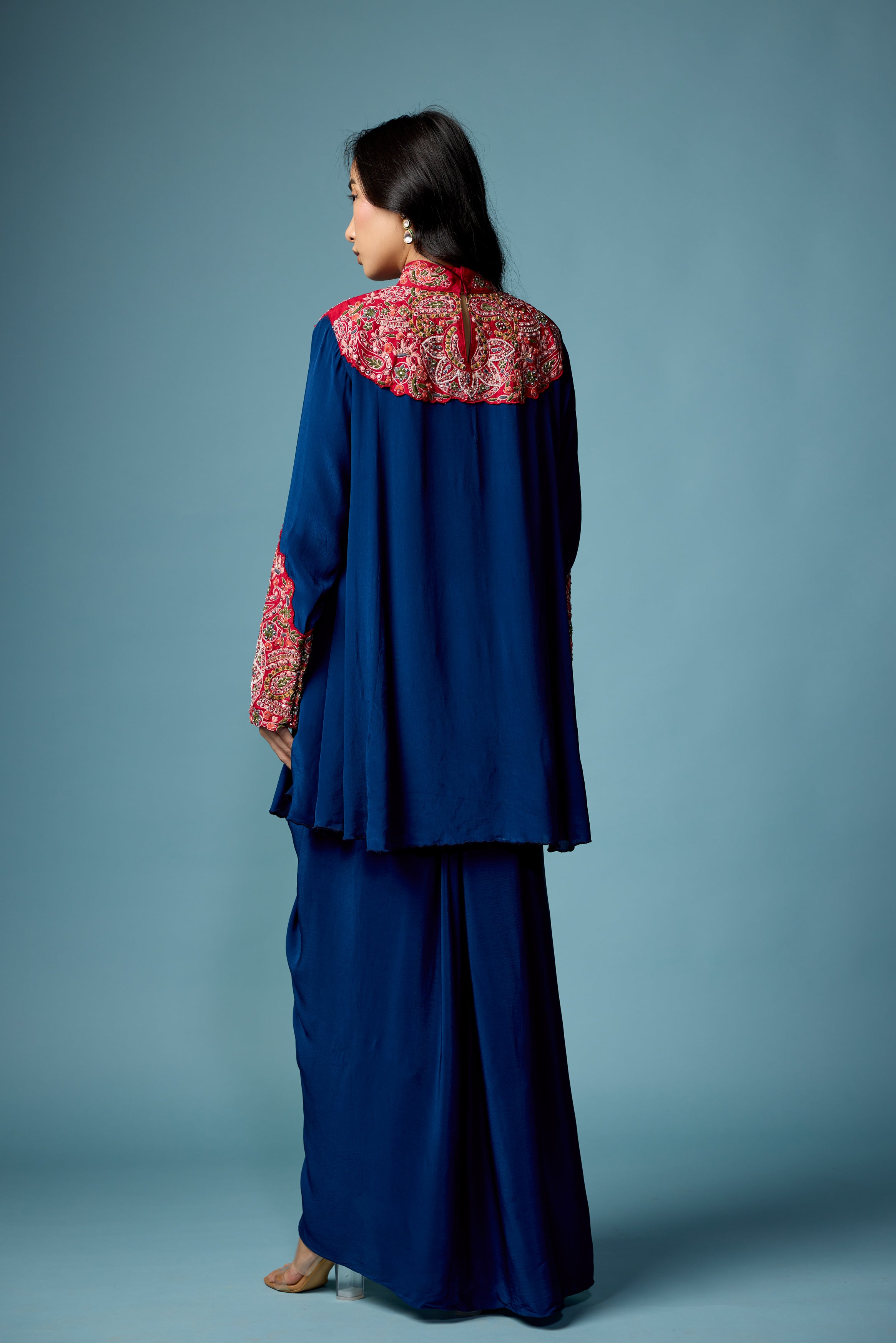 Deep Blue Embellished Chinon Silk Skirt Set