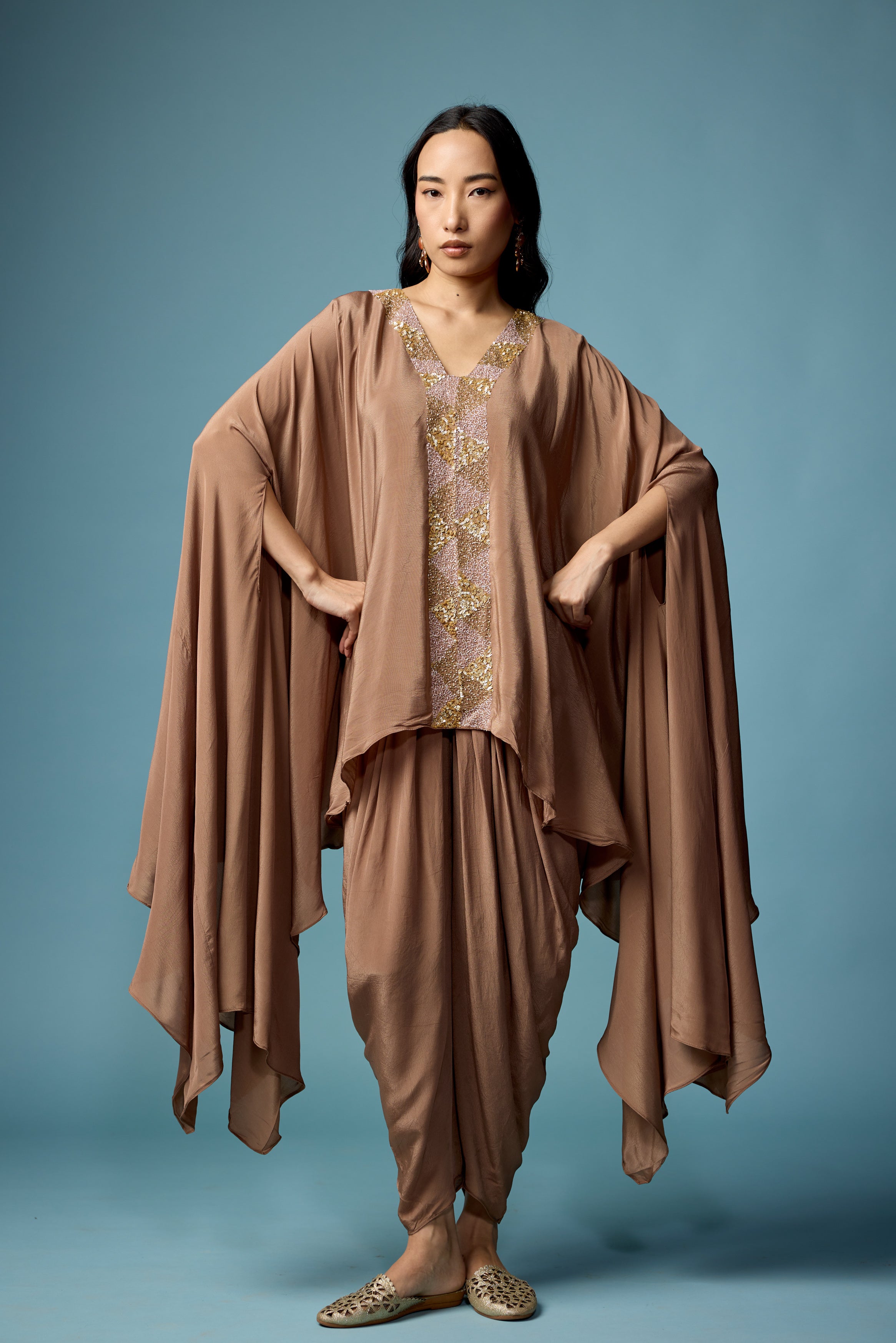 Earthy Brown Embellished Satin Silk Dhoti Set