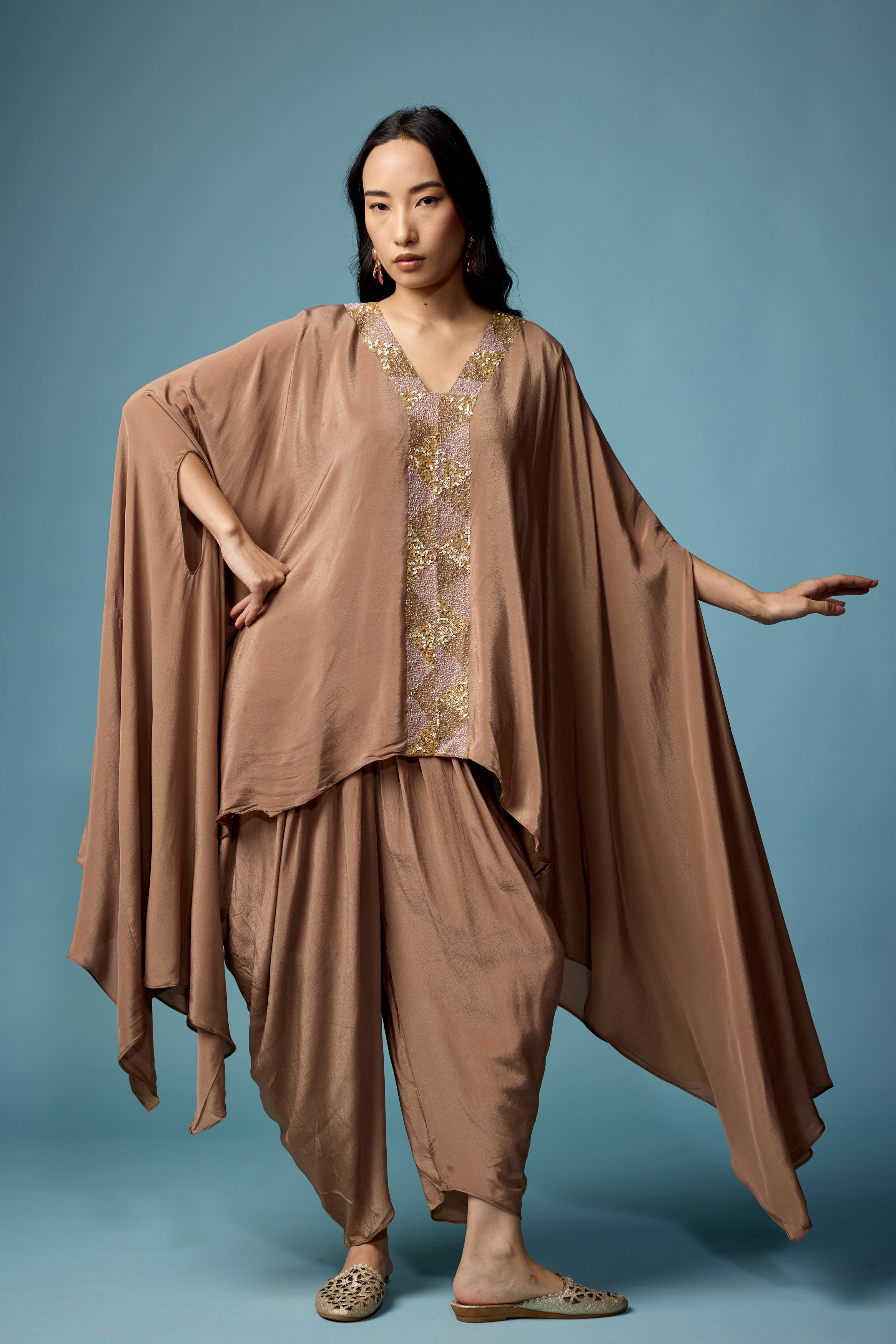 Earthy Brown Embellished Satin Silk Dhoti Set