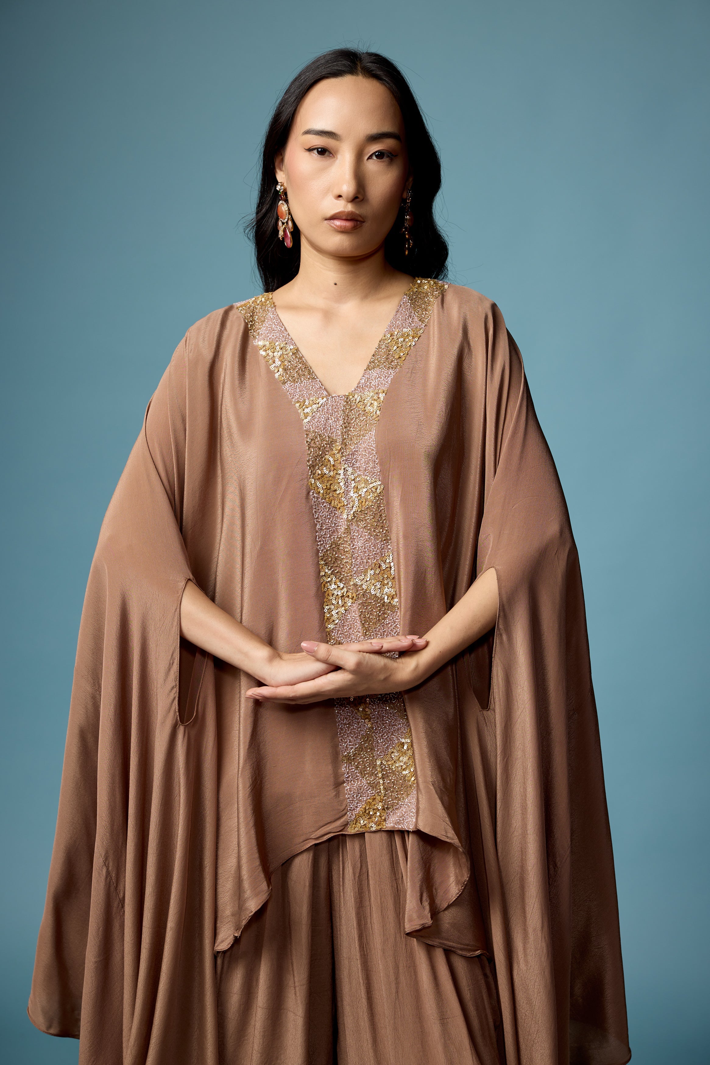 Earthy Brown Embellished Satin Silk Dhoti Set