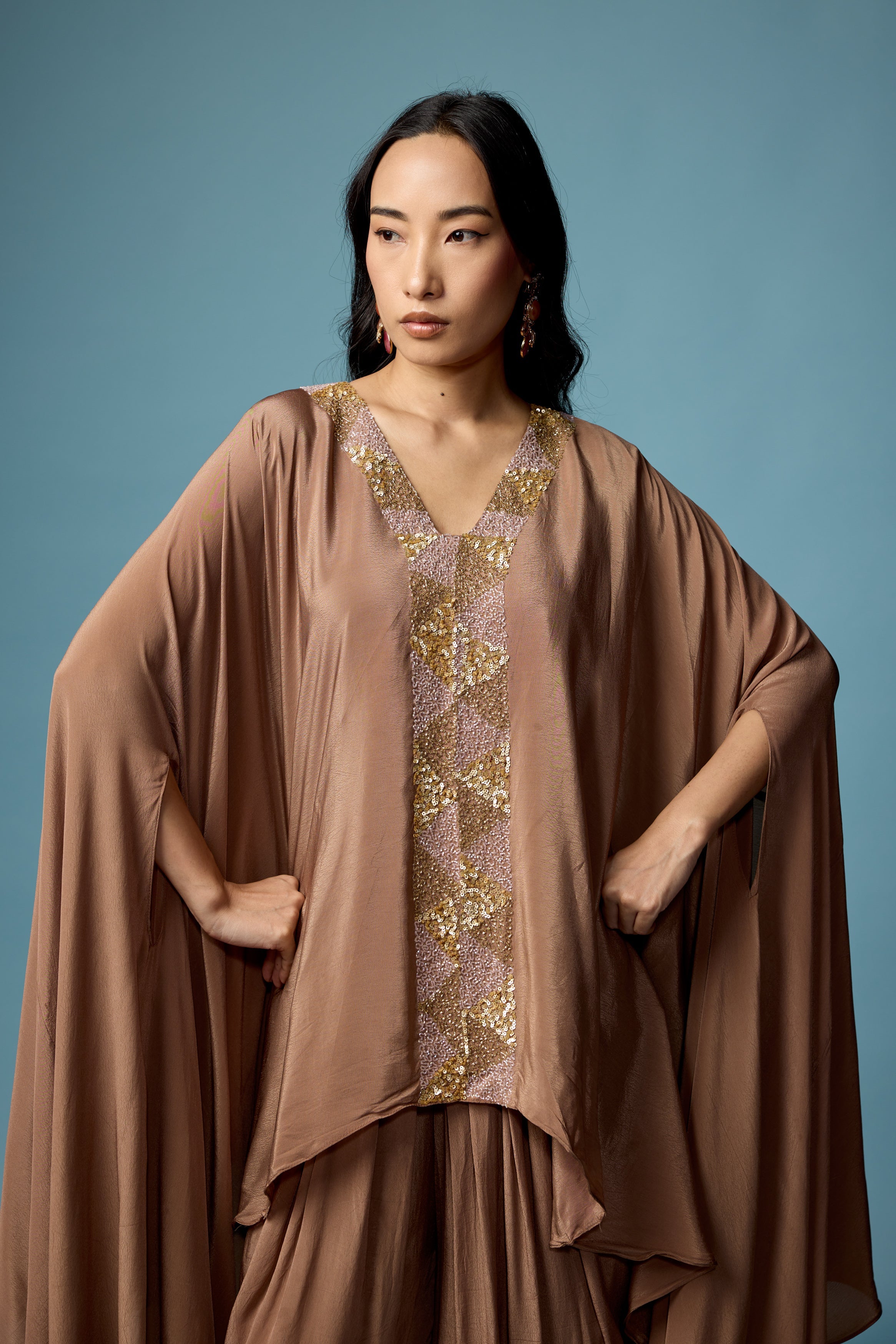 Earthy Brown Embellished Satin Silk Dhoti Set
