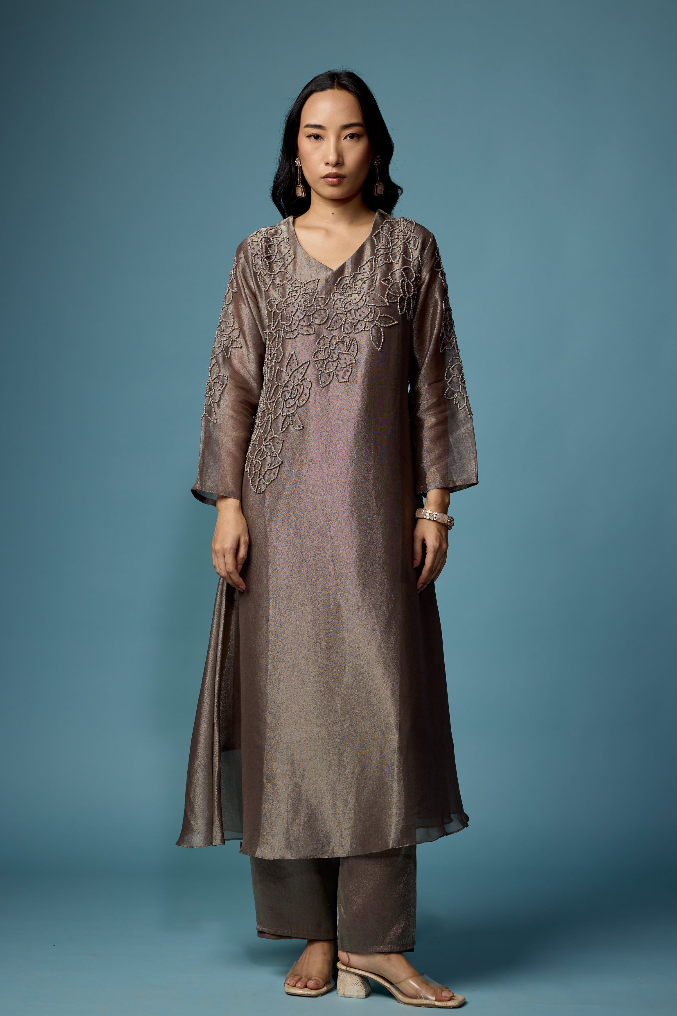 Greyish Green Embellished Shimmer Tissue Silk Kurta Set