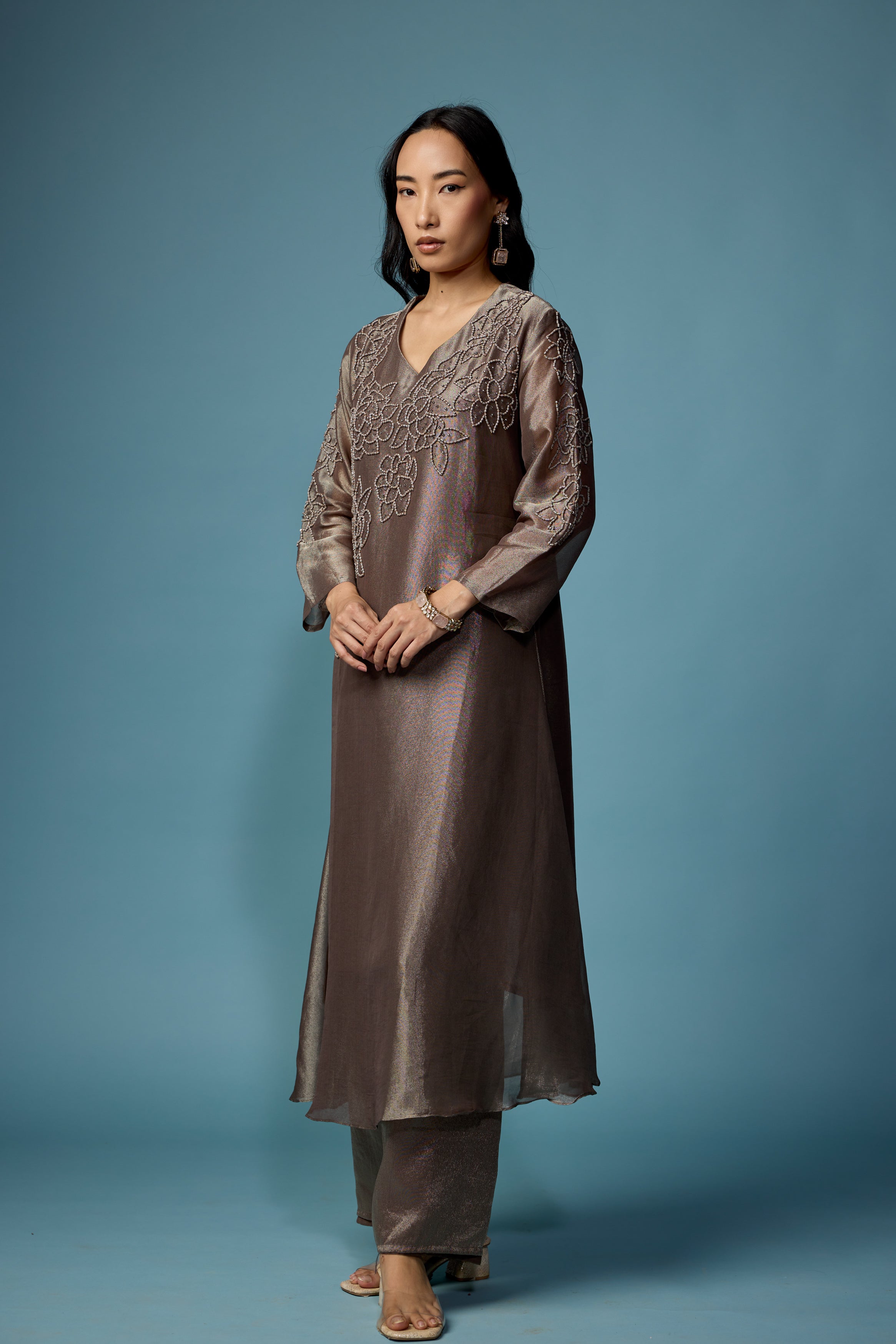 Greyish Green Embellished Shimmer Tissue Silk Kurta Set