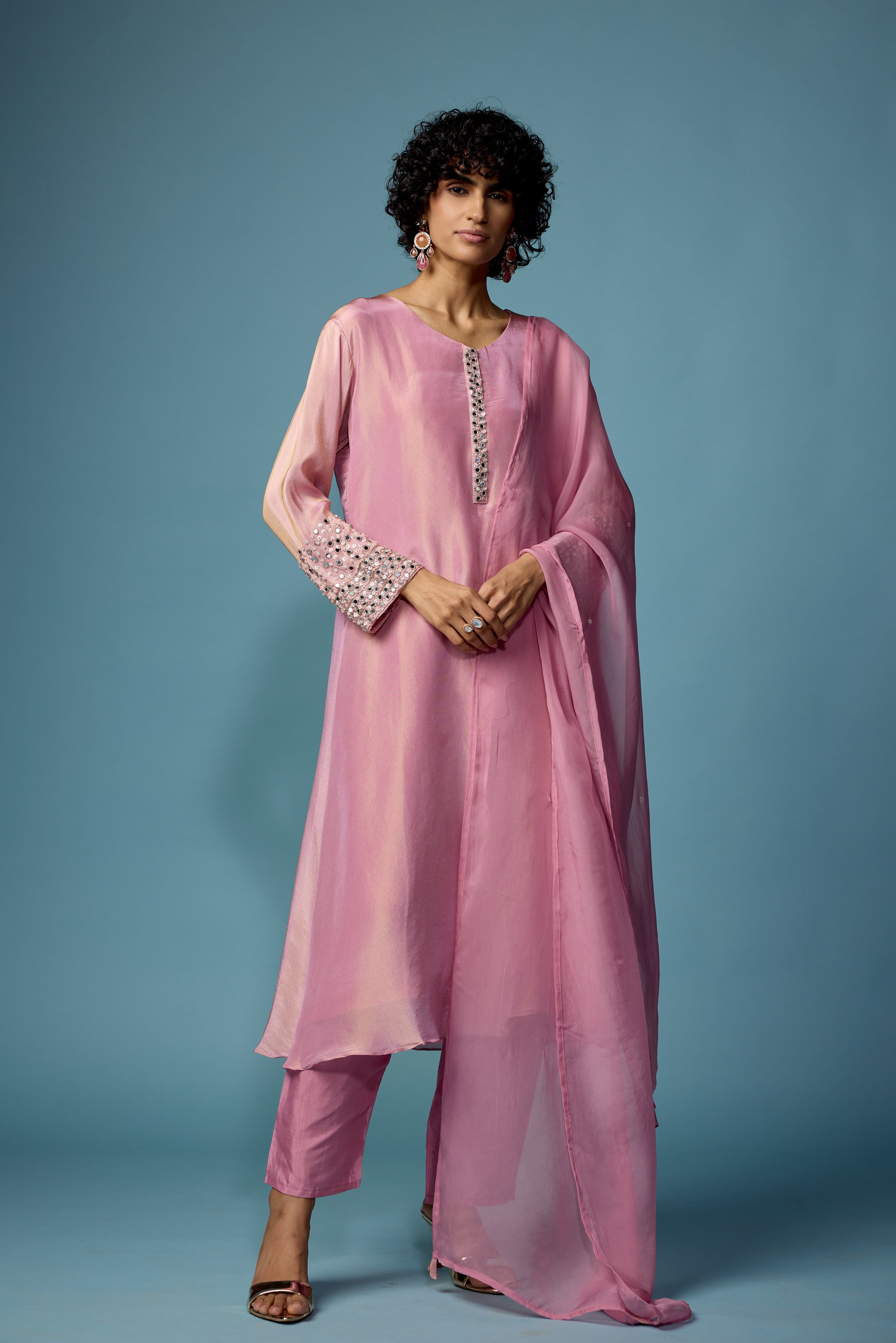 Rose Pink Embellished Shimmer Tissue Silk Pant Set