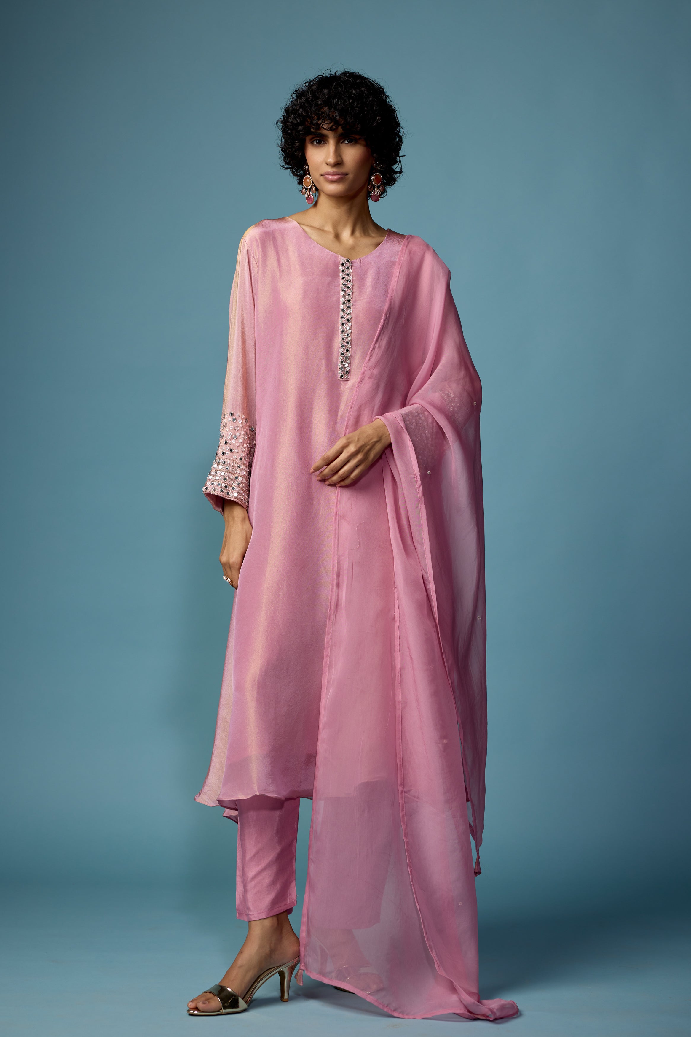Rose Pink Embellished Shimmer Tissue Silk Pant Set