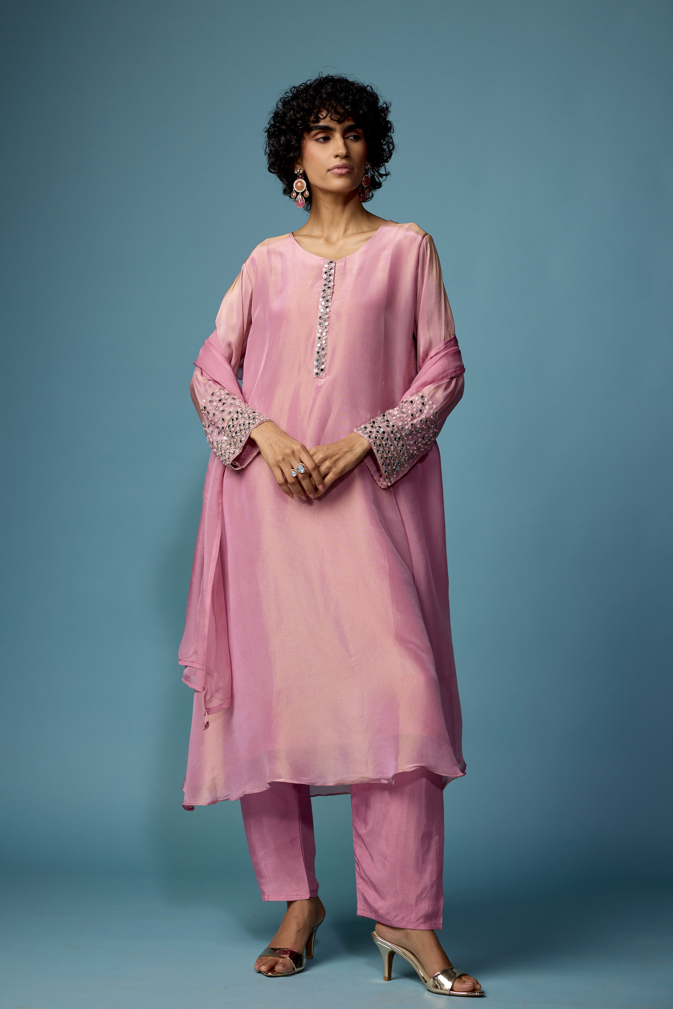 Rose Pink Embellished Shimmer Tissue Silk Pant Set