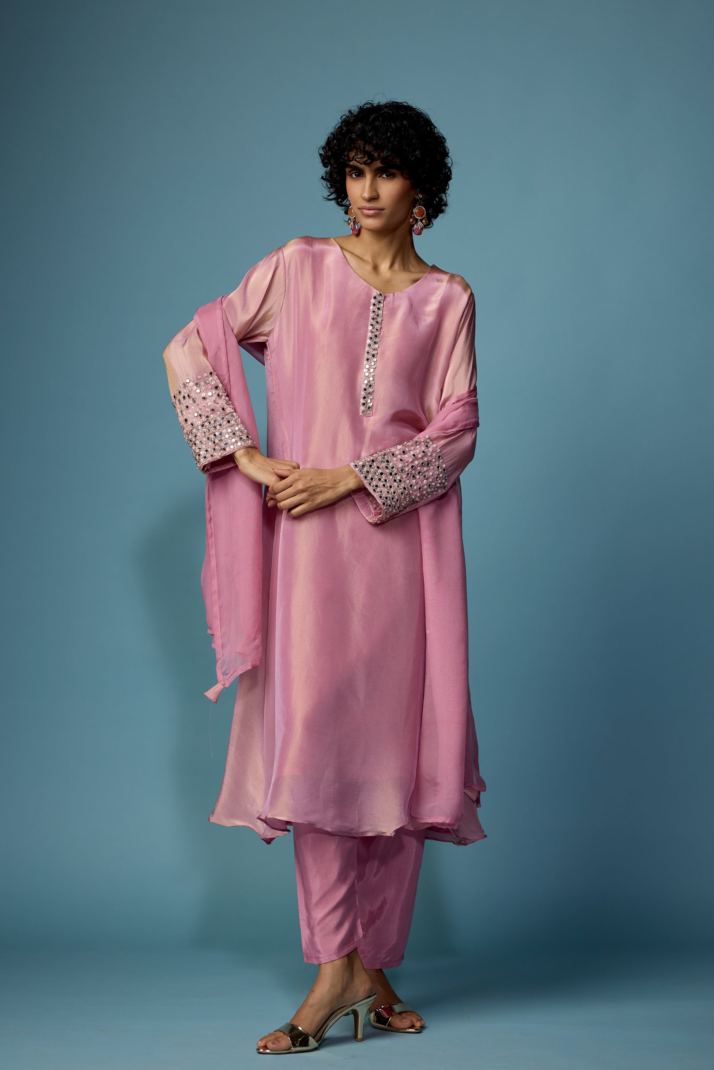 Rose Pink Embellished Shimmer Tissue Silk Pant Set