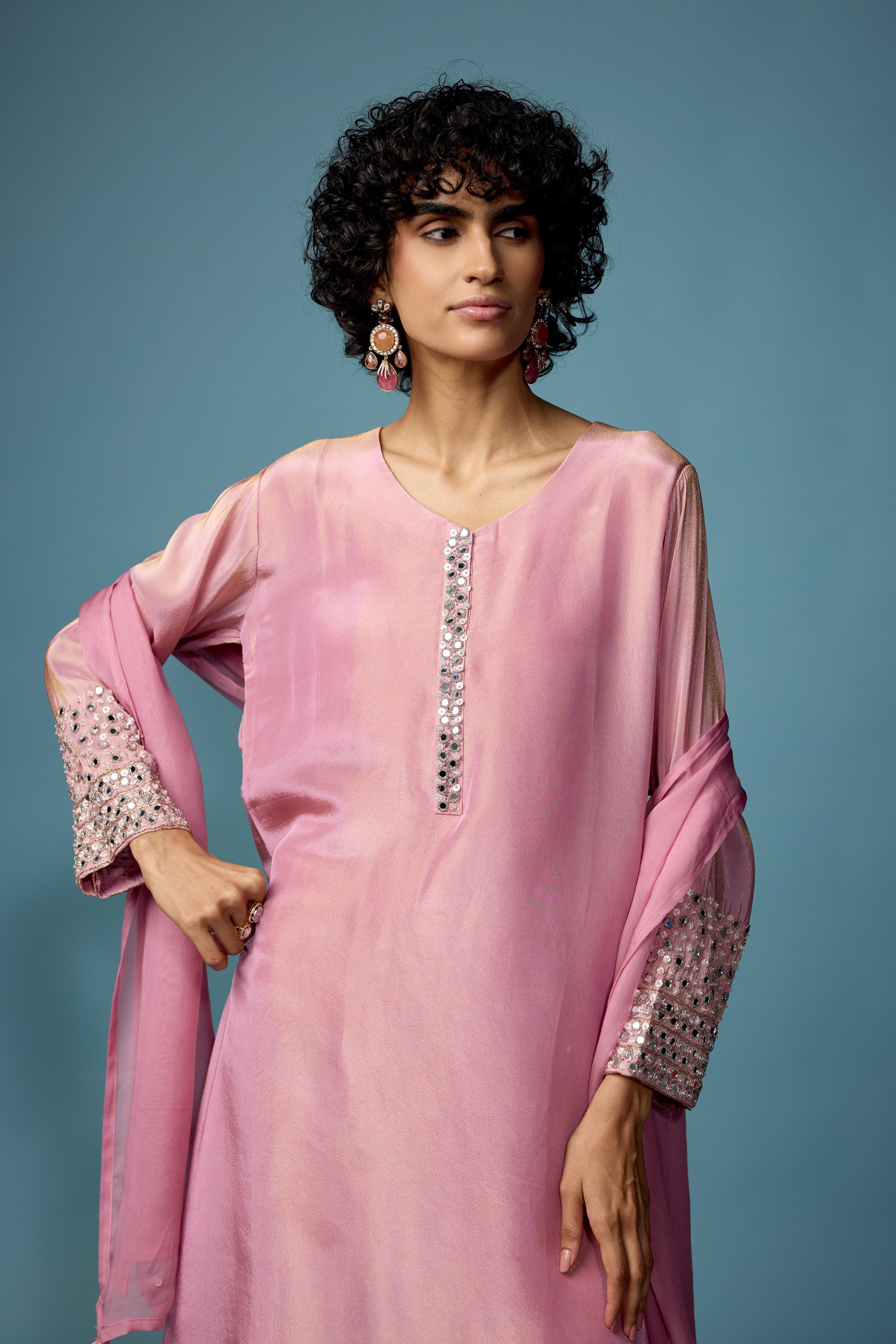 Rose Pink Embellished Shimmer Tissue Silk Pant Set