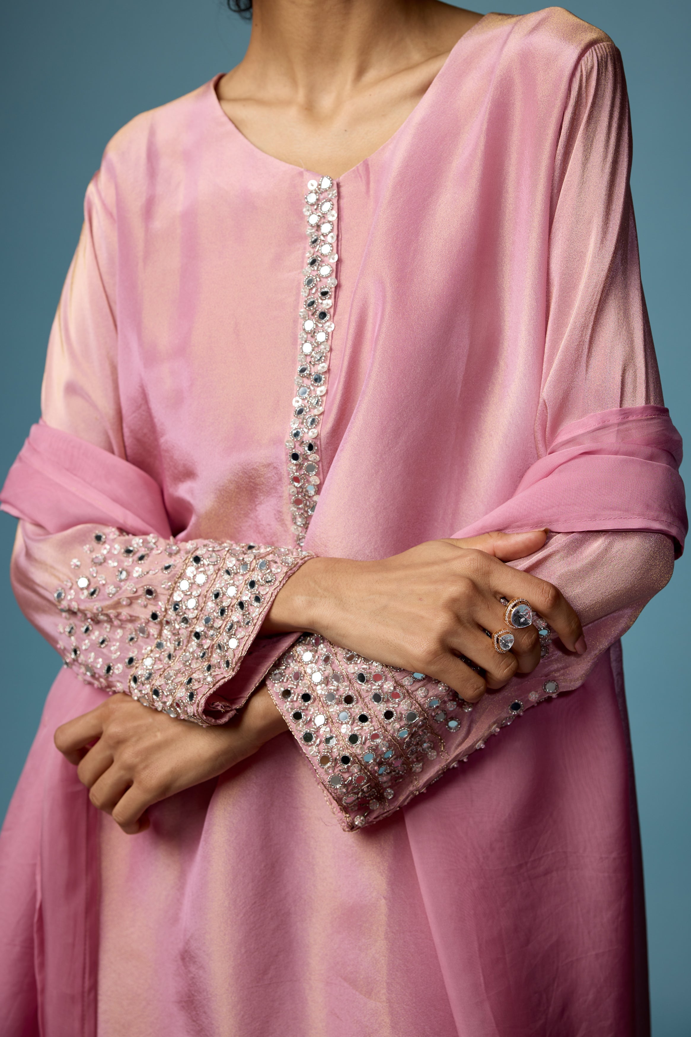 Rose Pink Embellished Shimmer Tissue Silk Pant Set