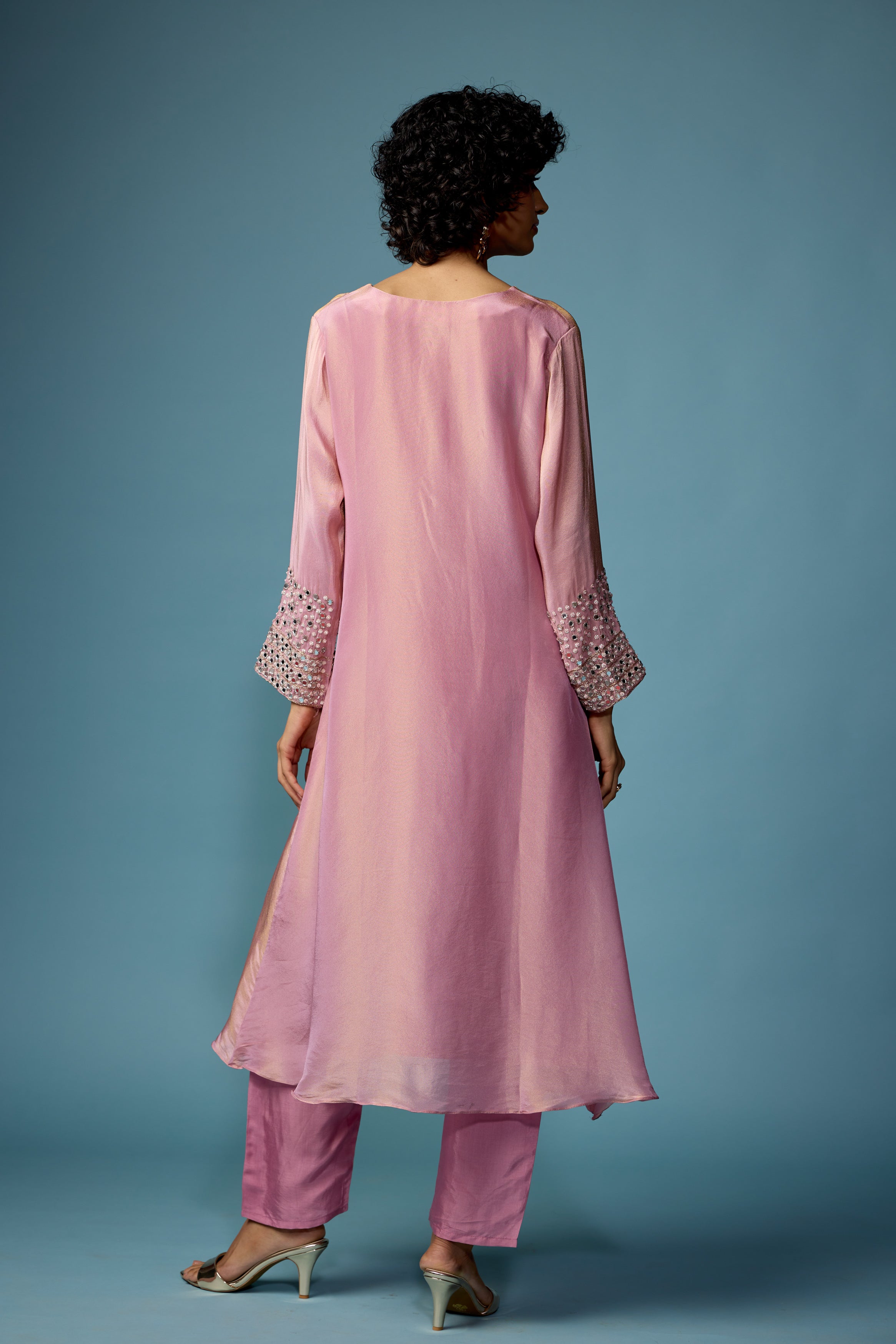 Rose Pink Embellished Shimmer Tissue Silk Pant Set