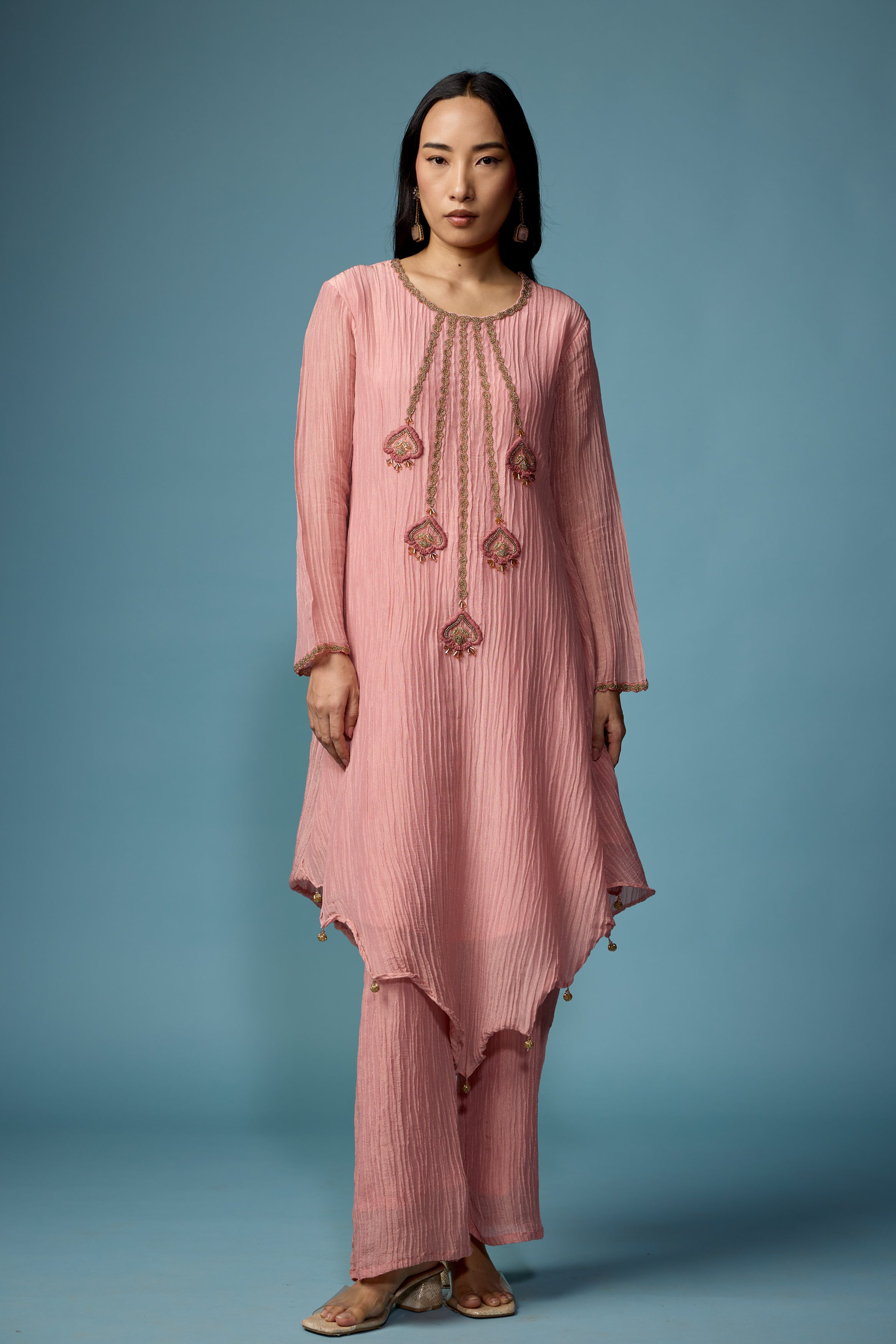 Blush Pink Embellished Premium Silk Pant Set