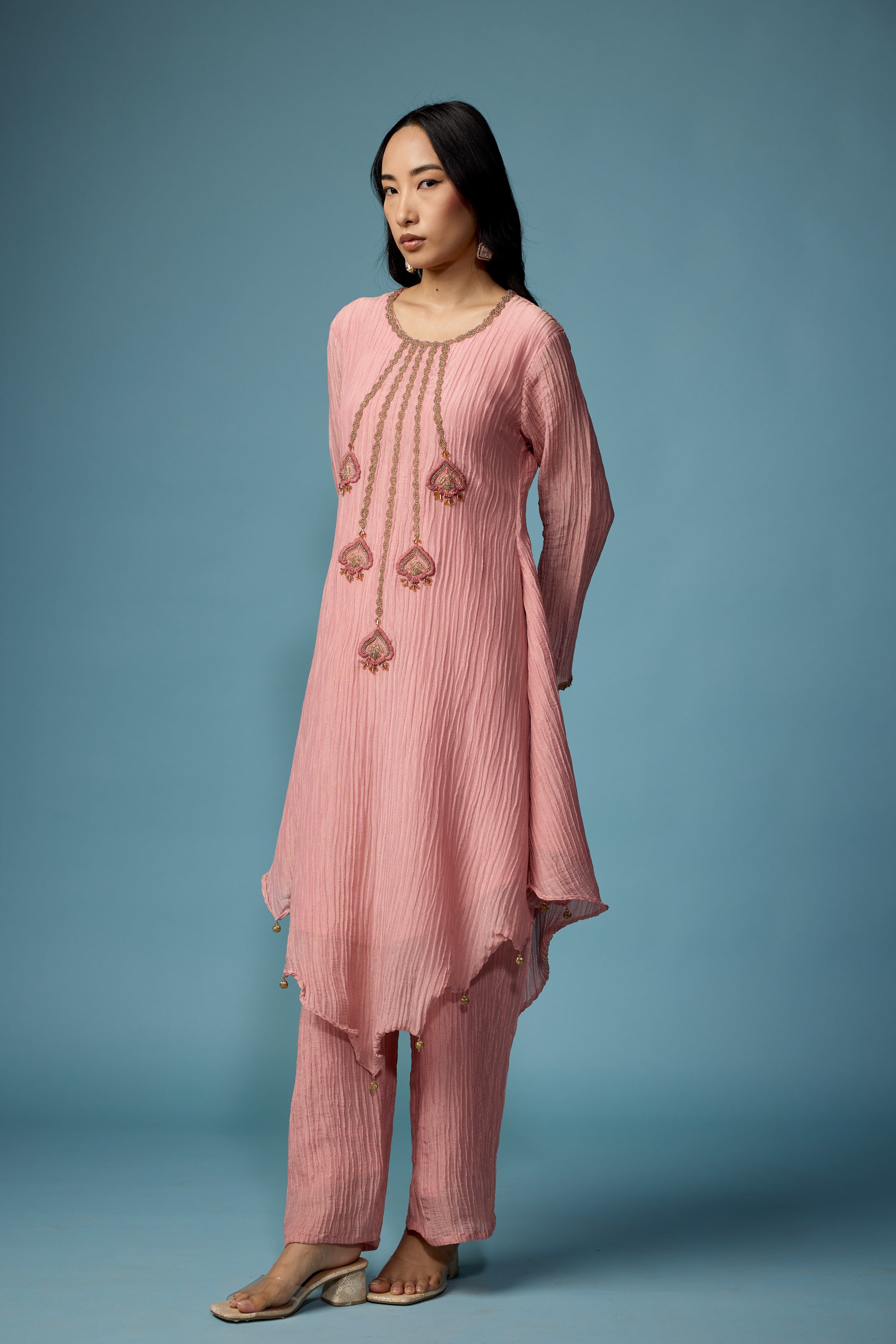 Blush Pink Embellished Premium Silk Pant Set