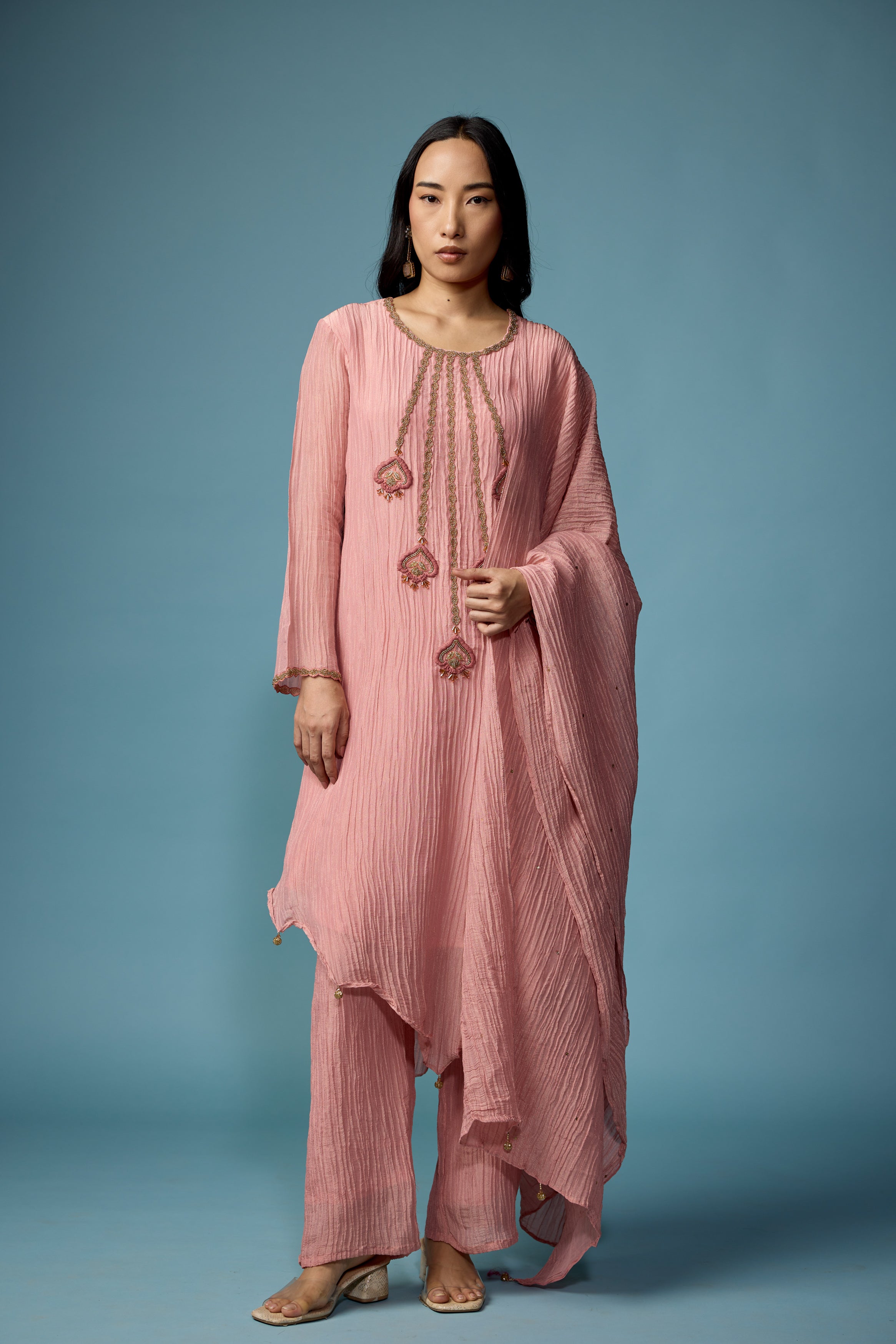 Blush Pink Embellished Premium Silk Pant Set