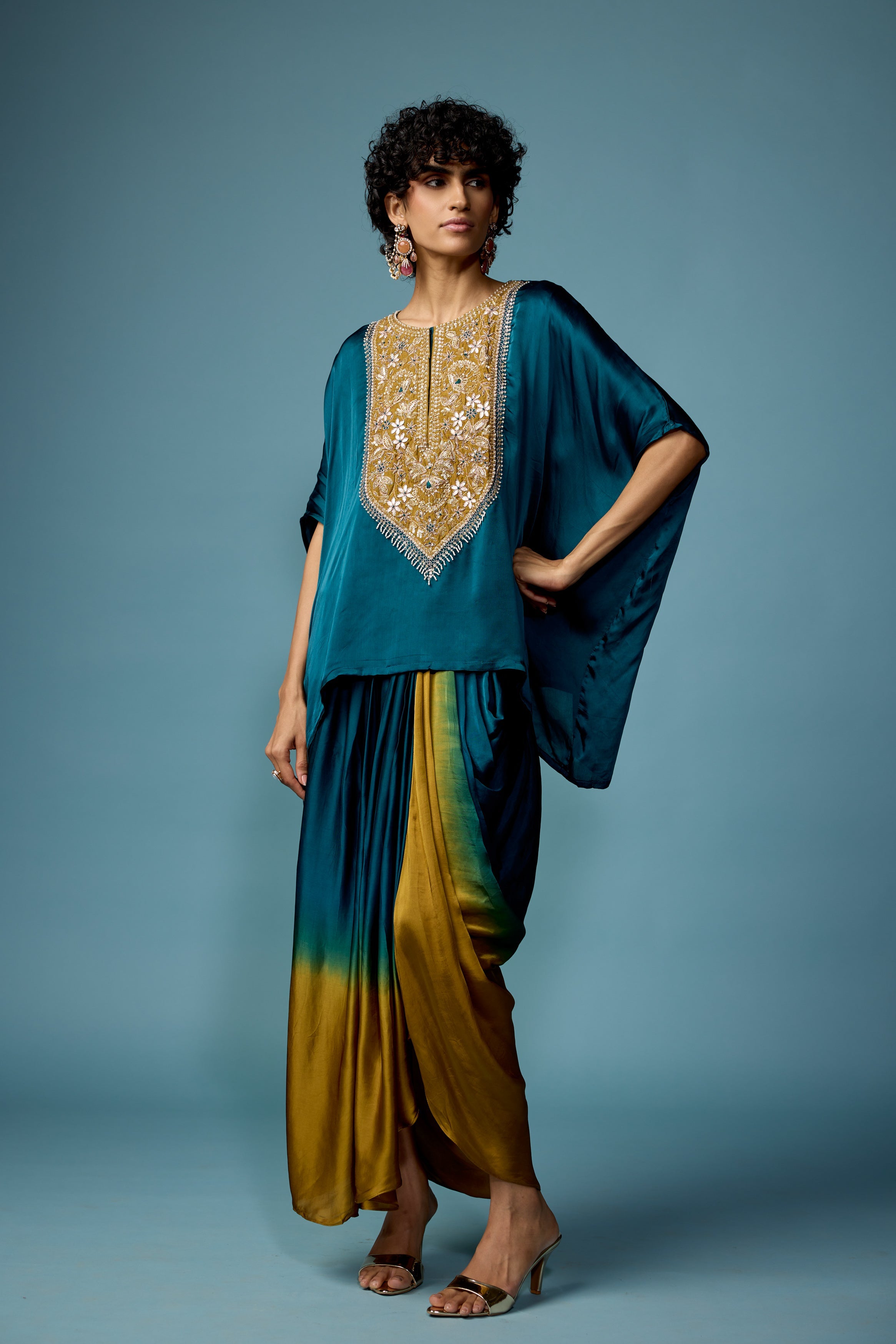 Teal Green Embellished Satin Silk Drape Skirt Set