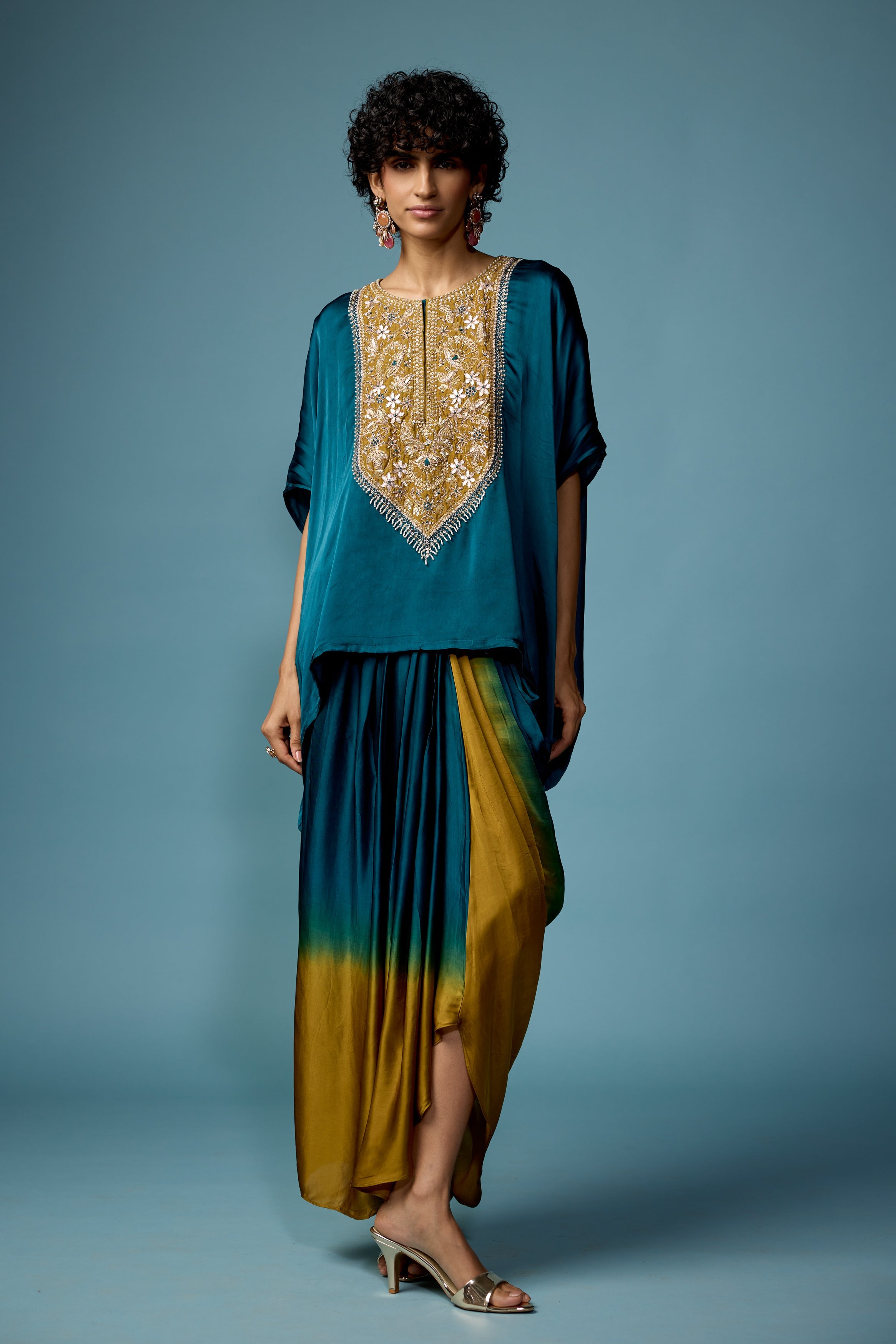 Teal Green Embellished Satin Silk Drape Skirt Set