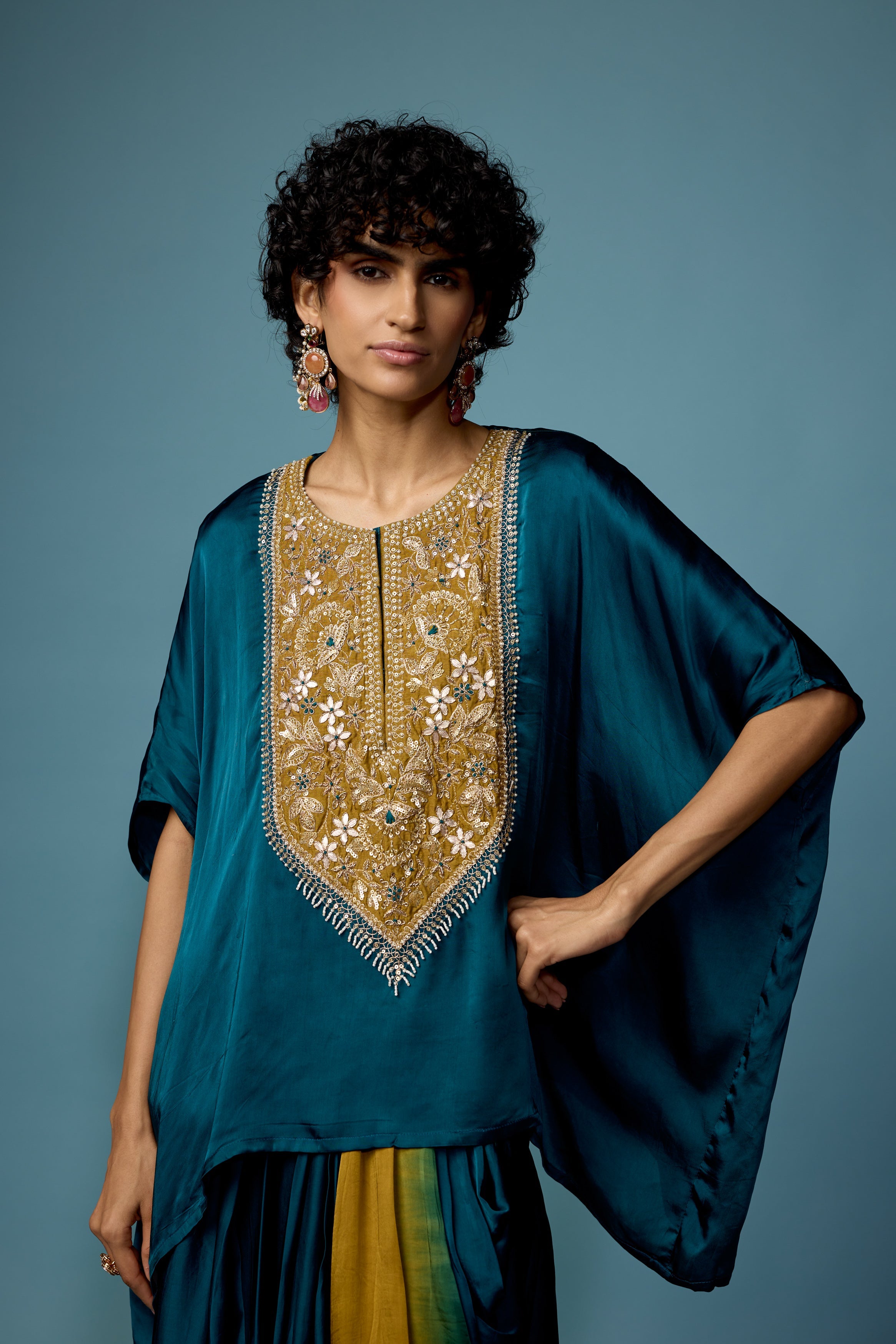 Teal Green Embellished Satin Silk Drape Skirt Set
