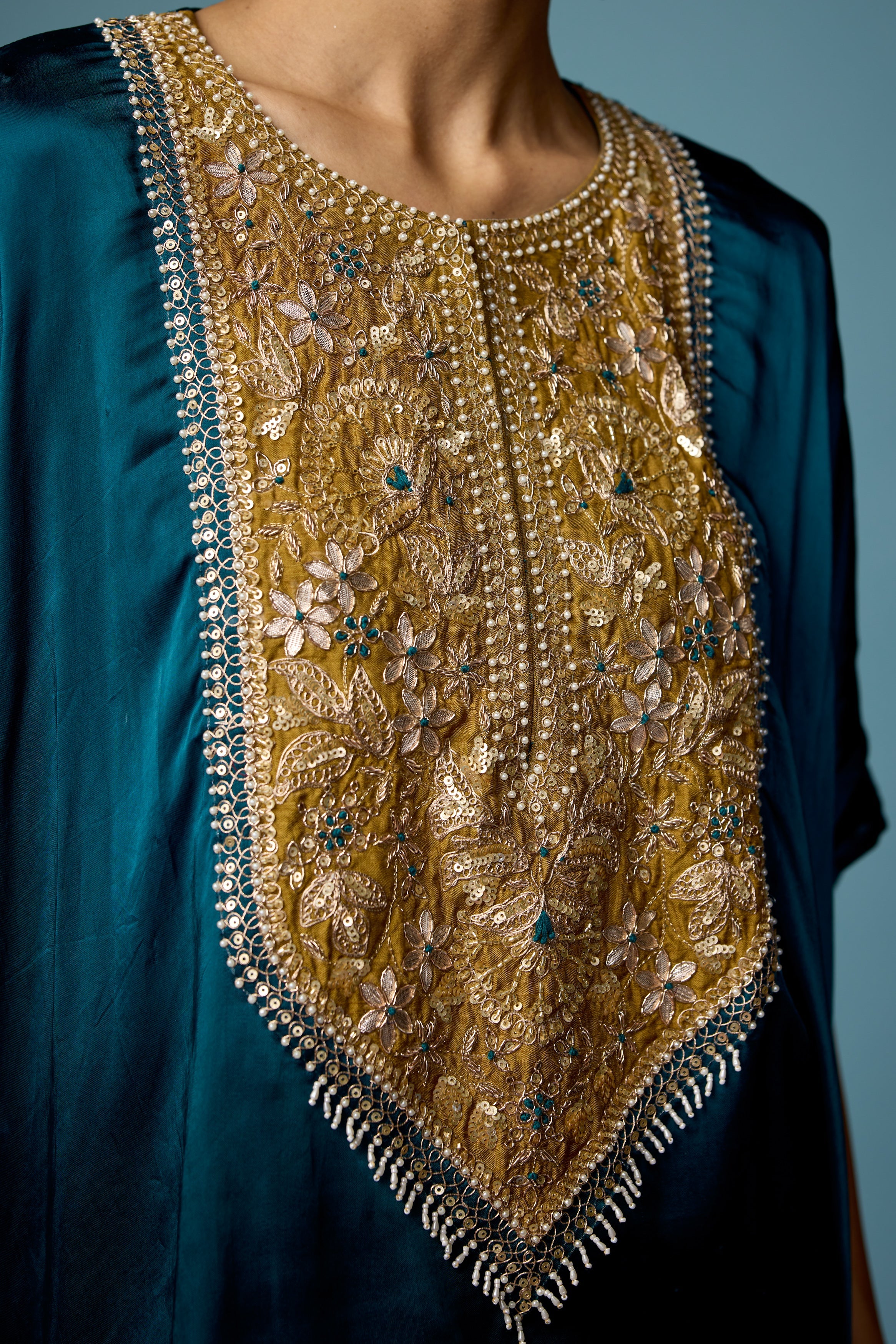 Teal Green Embellished Satin Silk Drape Skirt Set