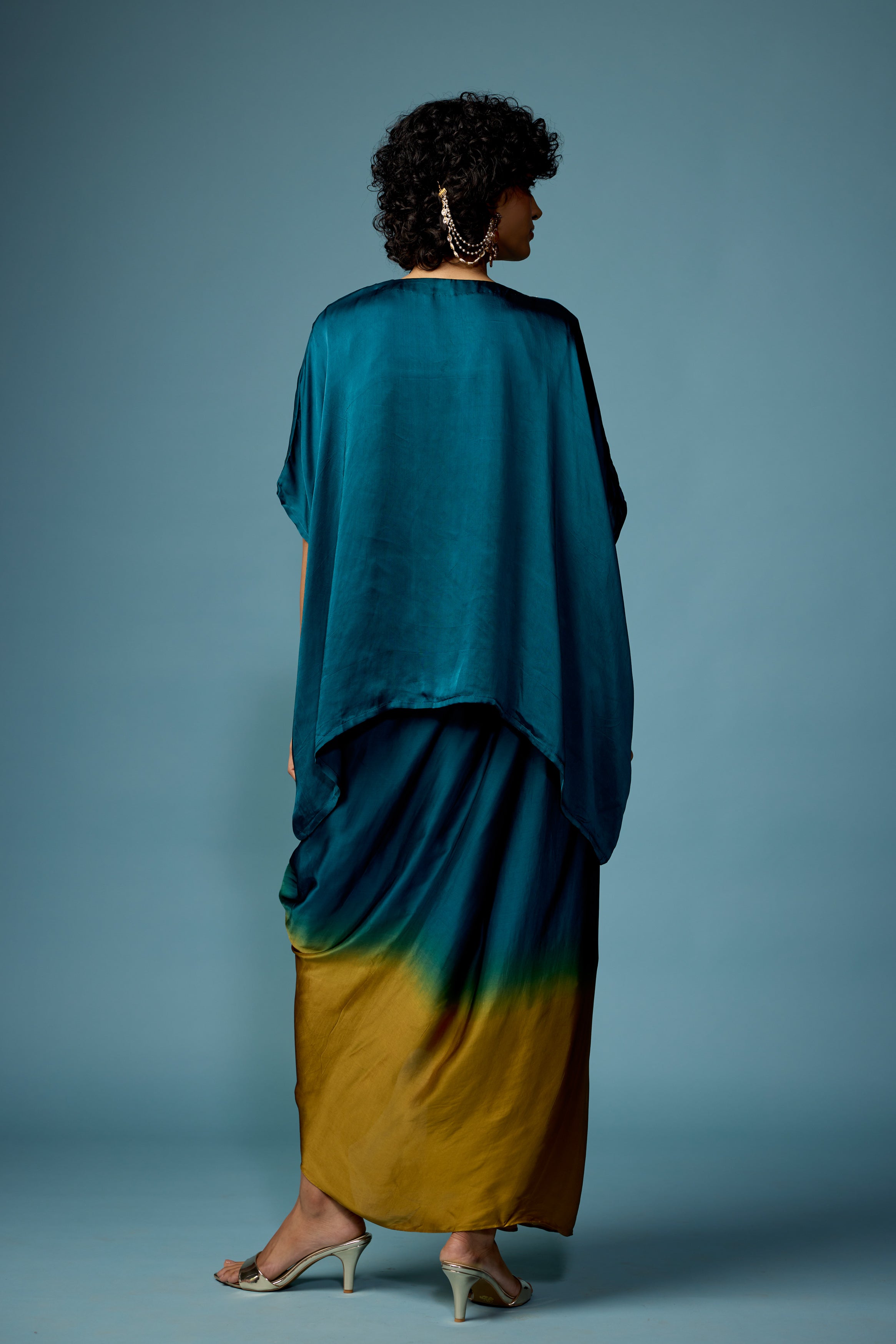 Teal Green Embellished Satin Silk Drape Skirt Set