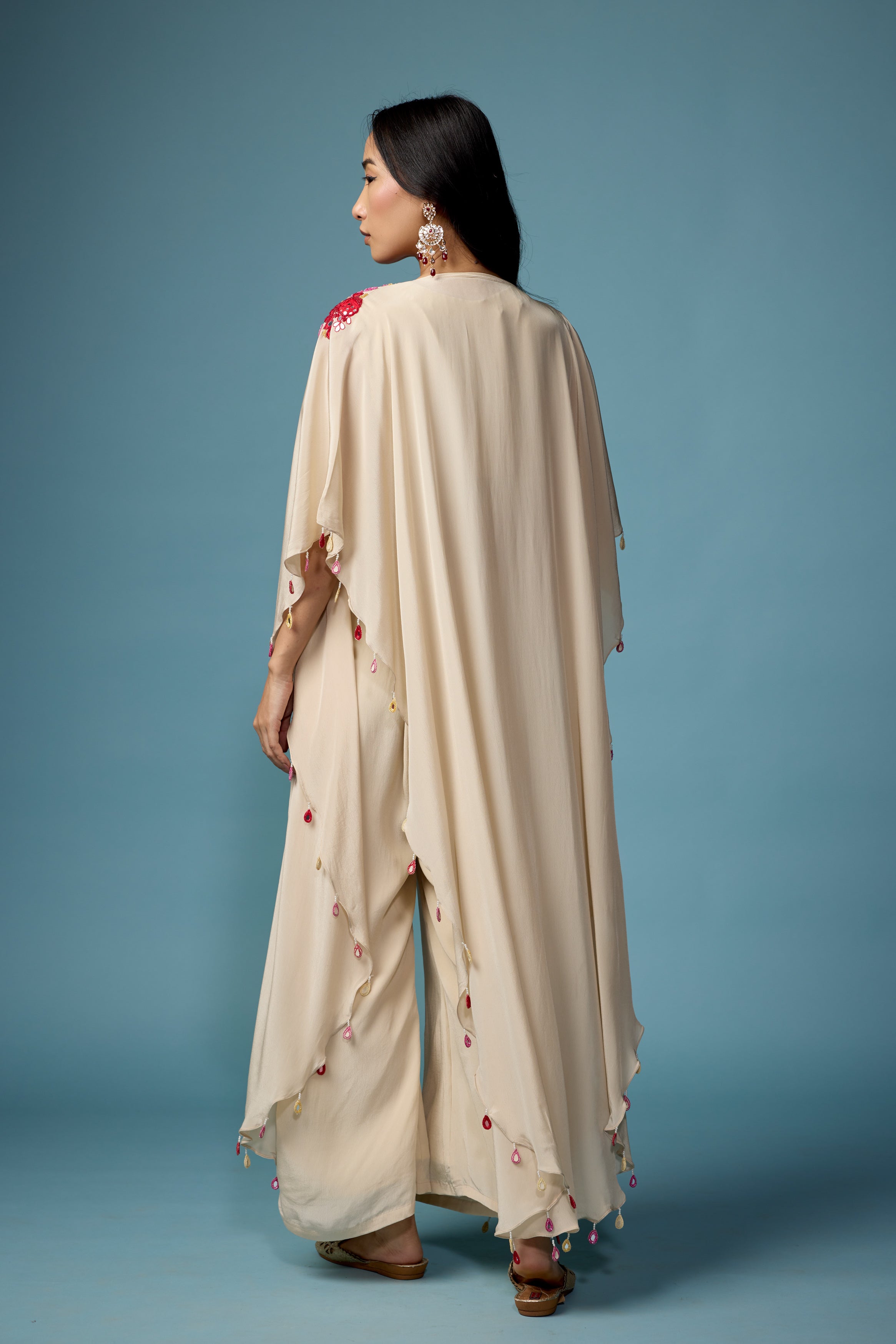 Off White Embellished Chinon Silk Cape Set