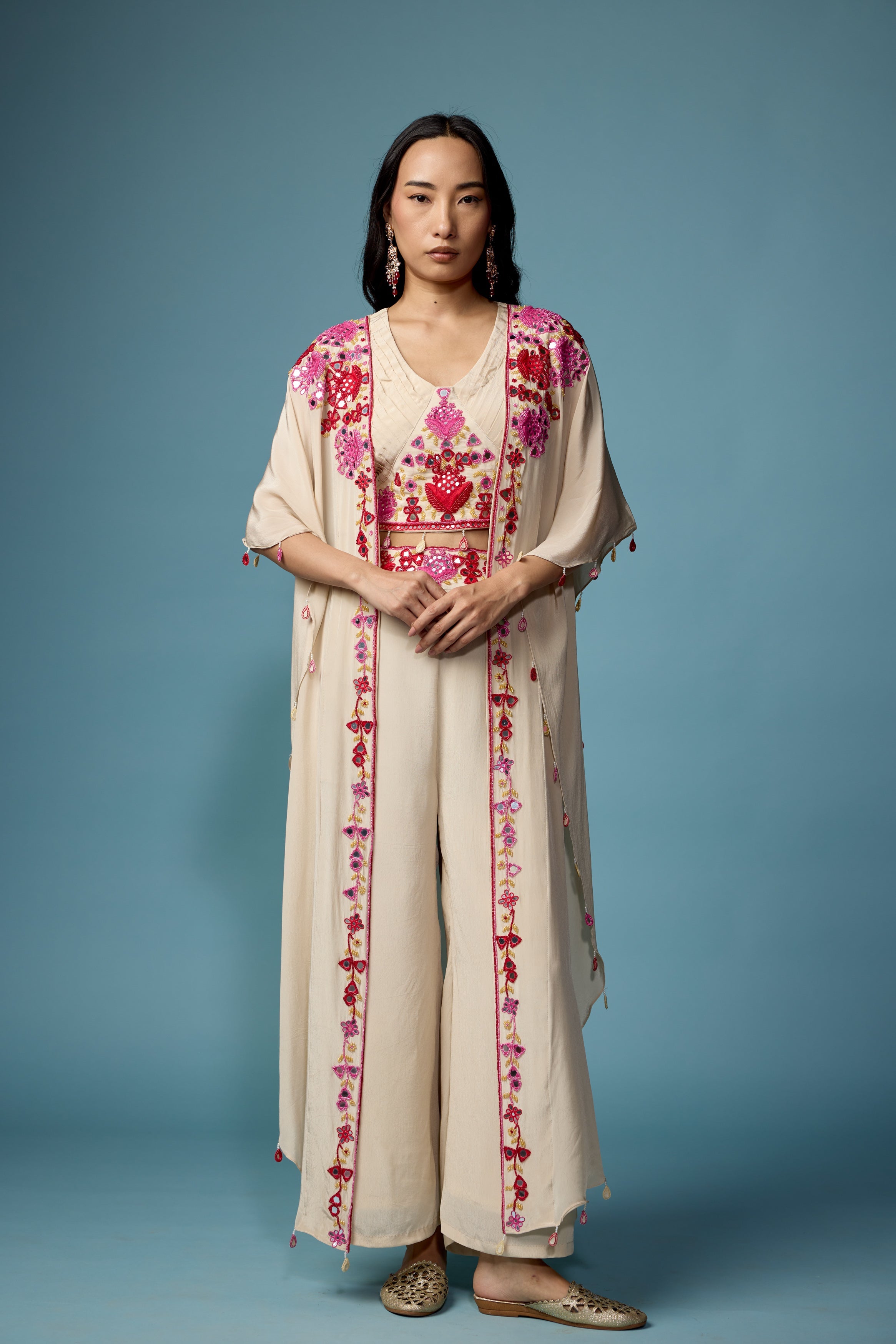 Off White Embellished Chinon Silk Cape Set