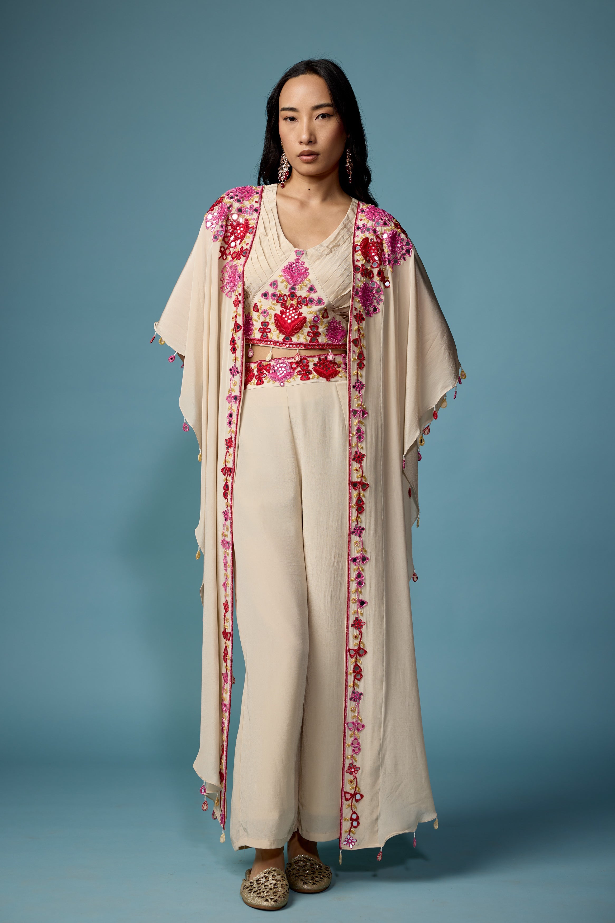 Off White Embellished Chinon Silk Cape Set