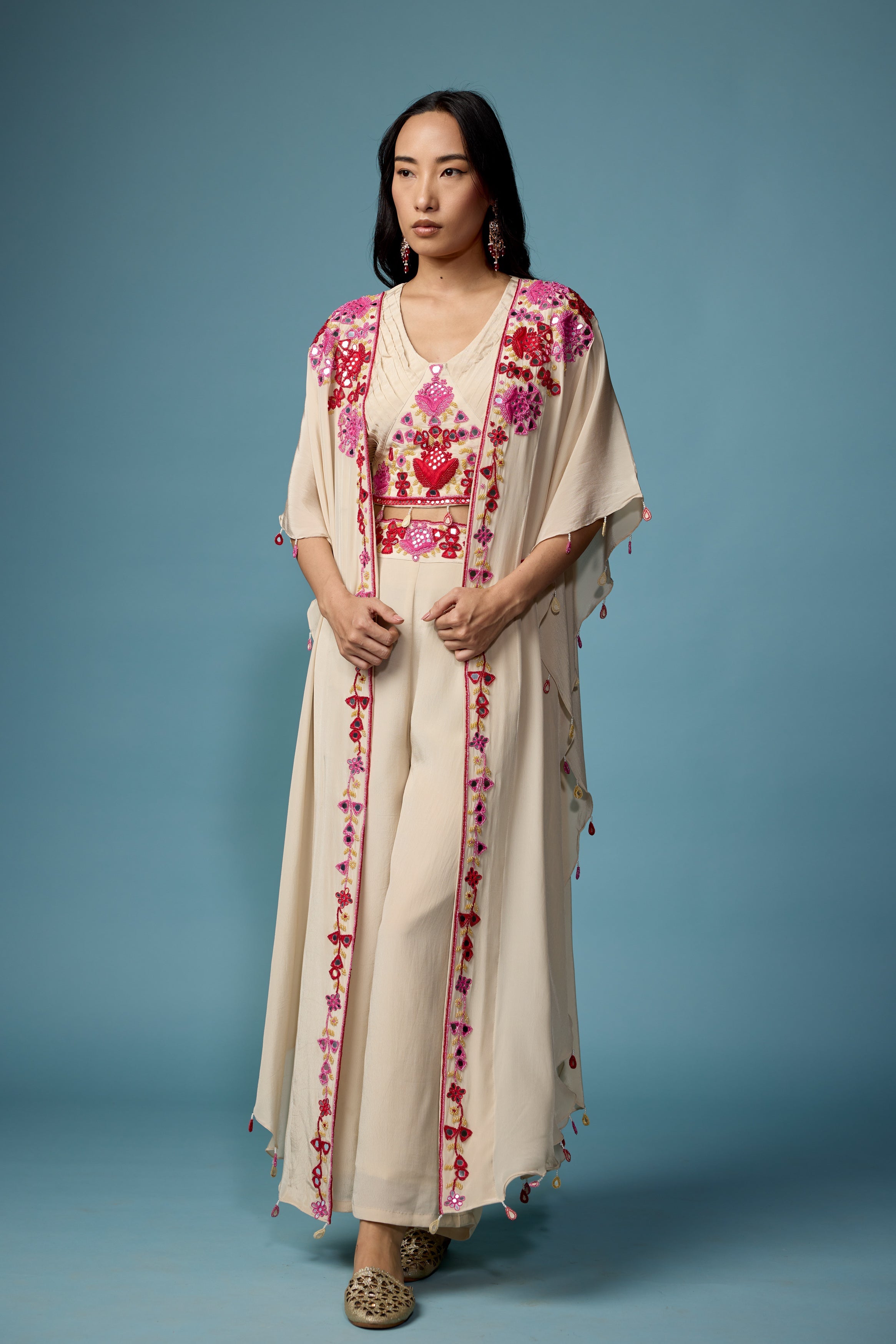 Off White Embellished Chinon Silk Cape Set