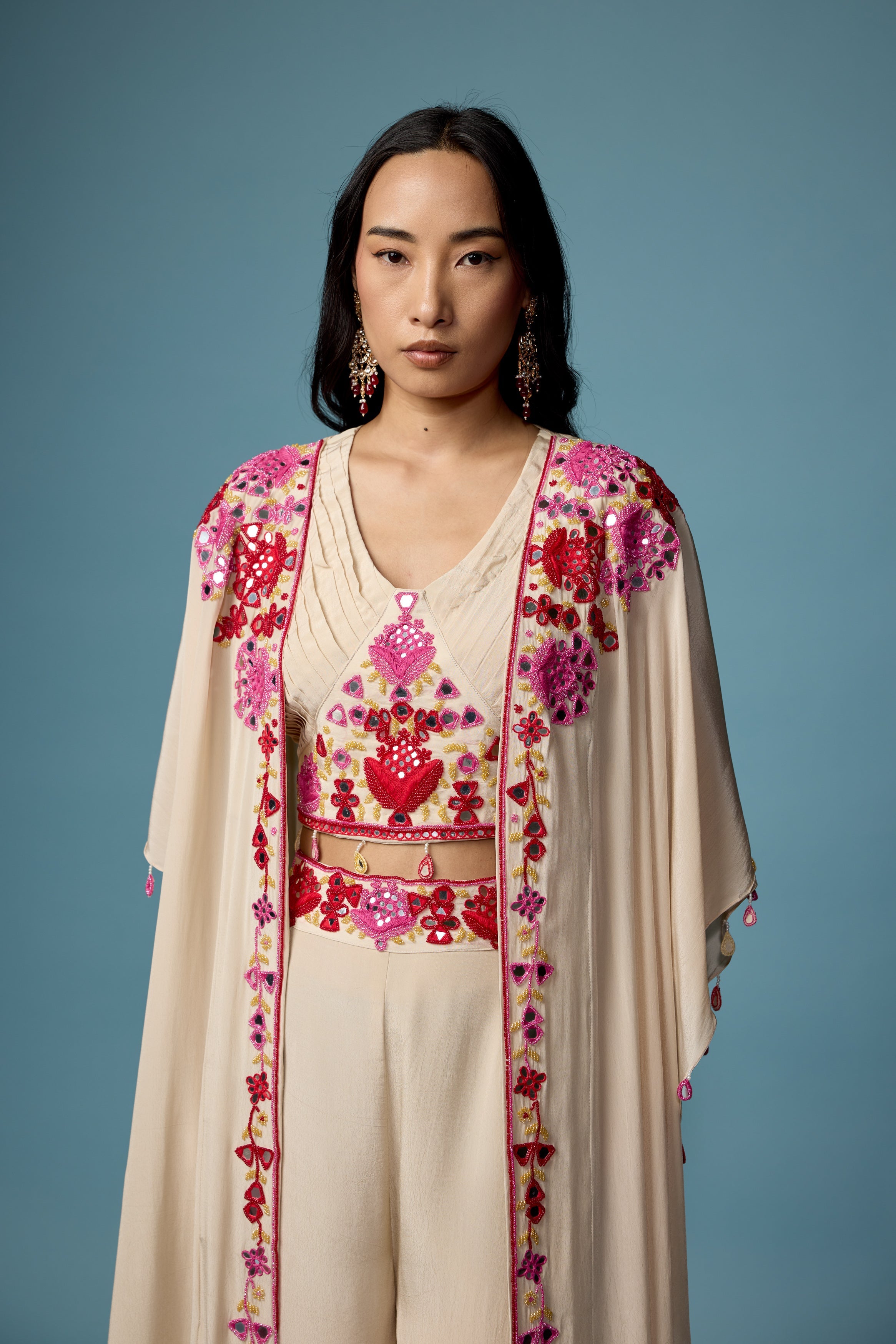 Off White Embellished Chinon Silk Cape Set