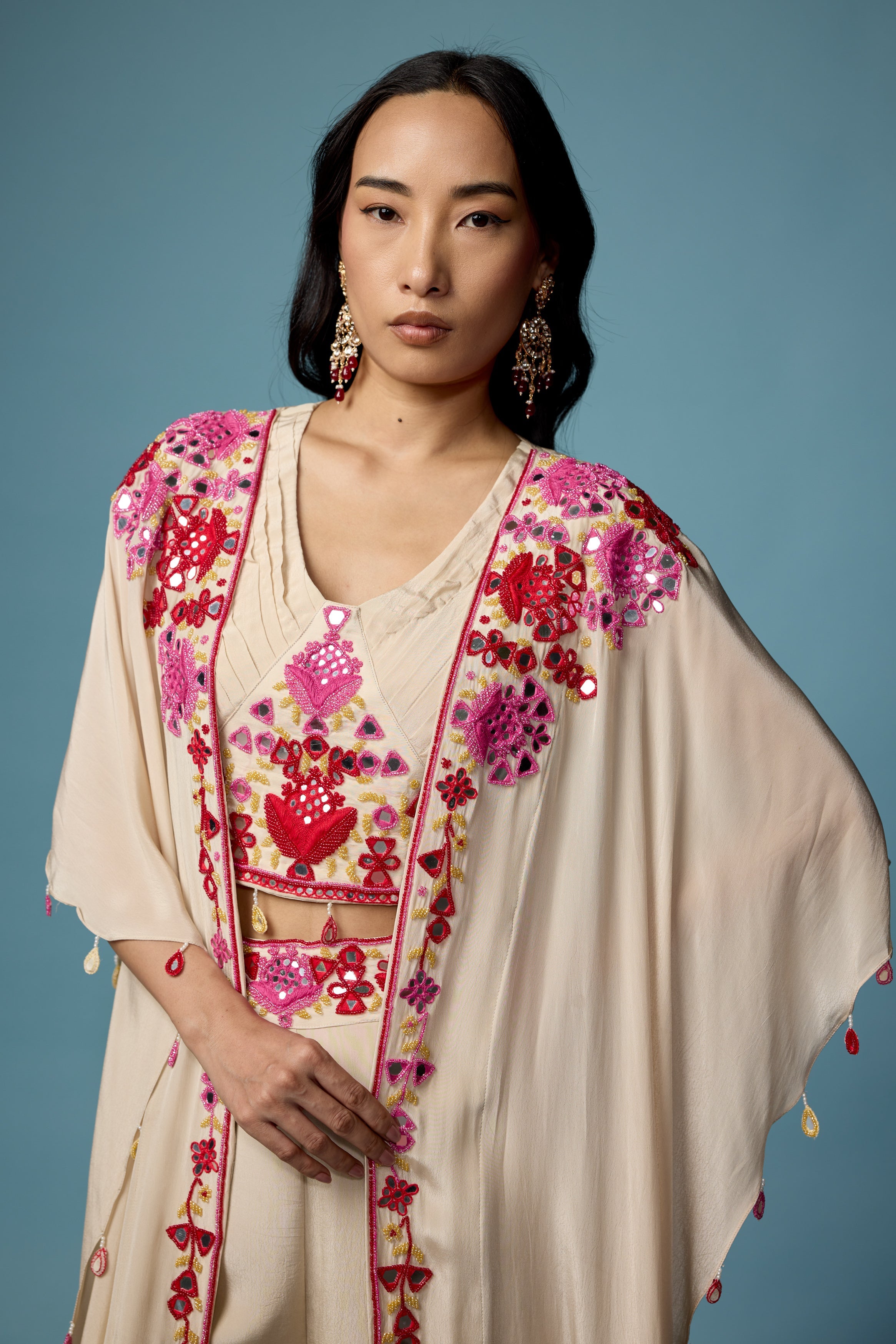 Off White Embellished Chinon Silk Cape Set