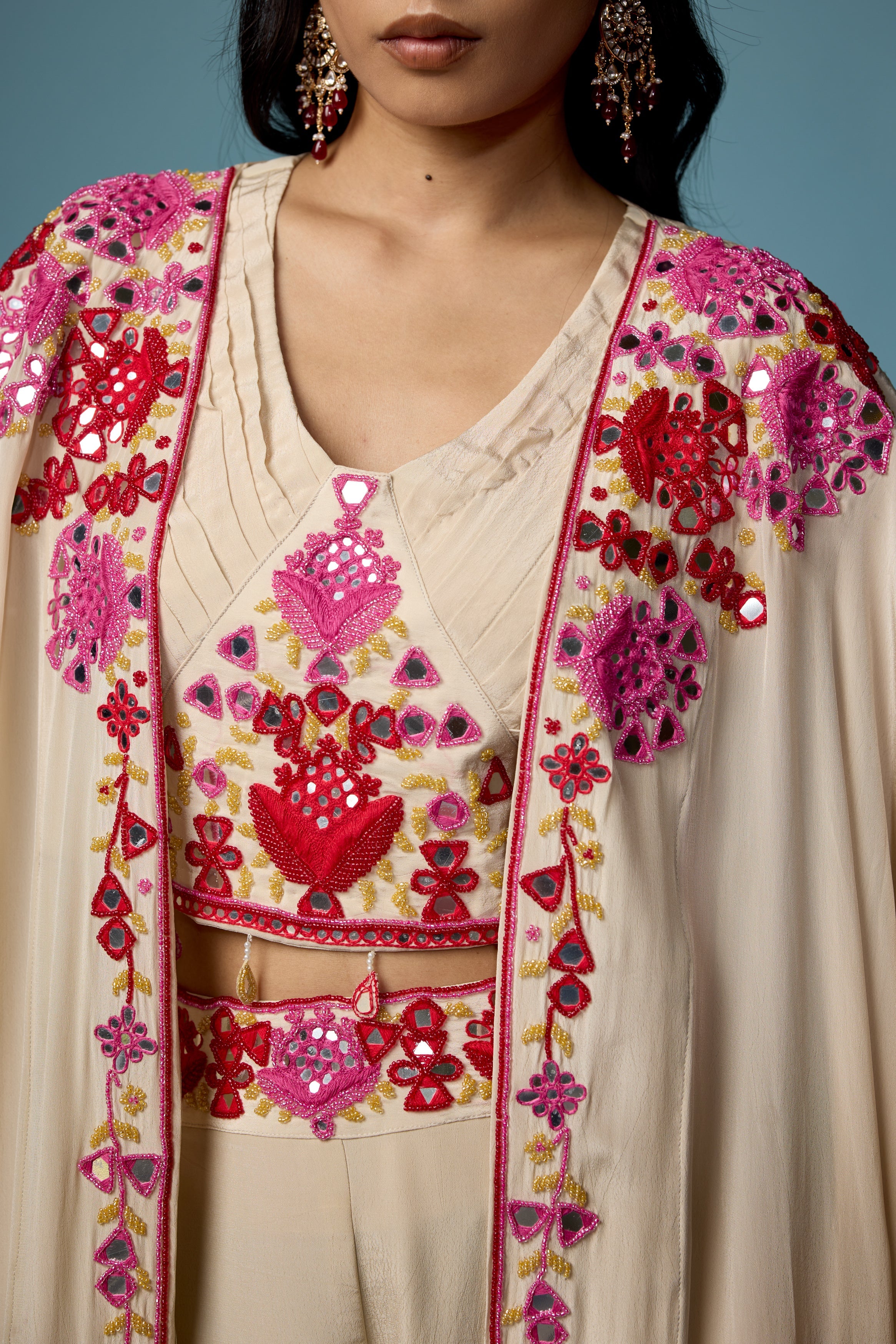 Off White Embellished Chinon Silk Cape Set
