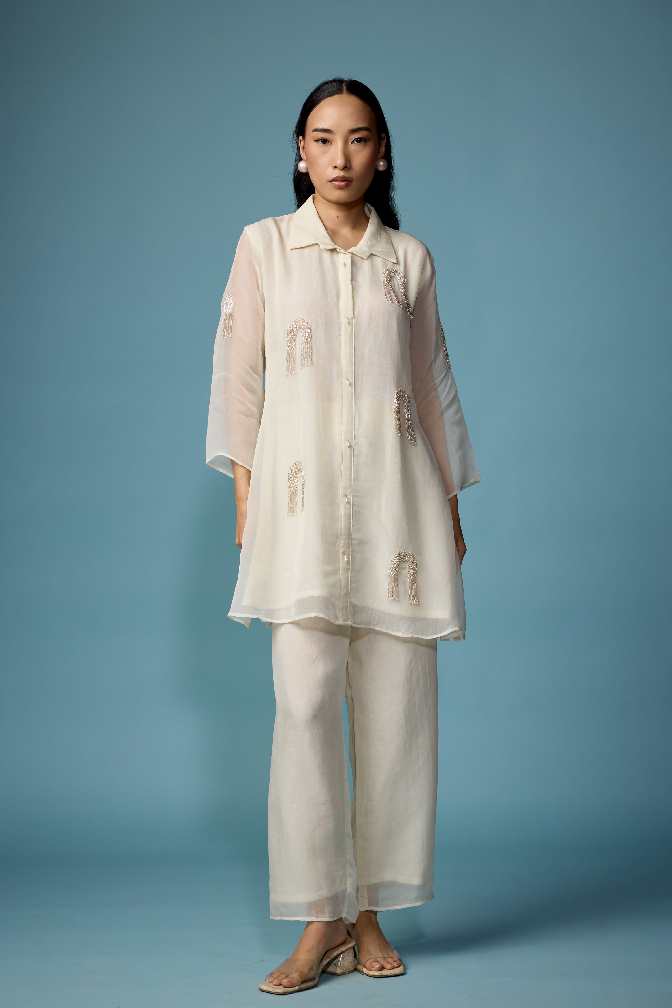 Pearl White Embellished Soft Organza Silk Co-Ord Set