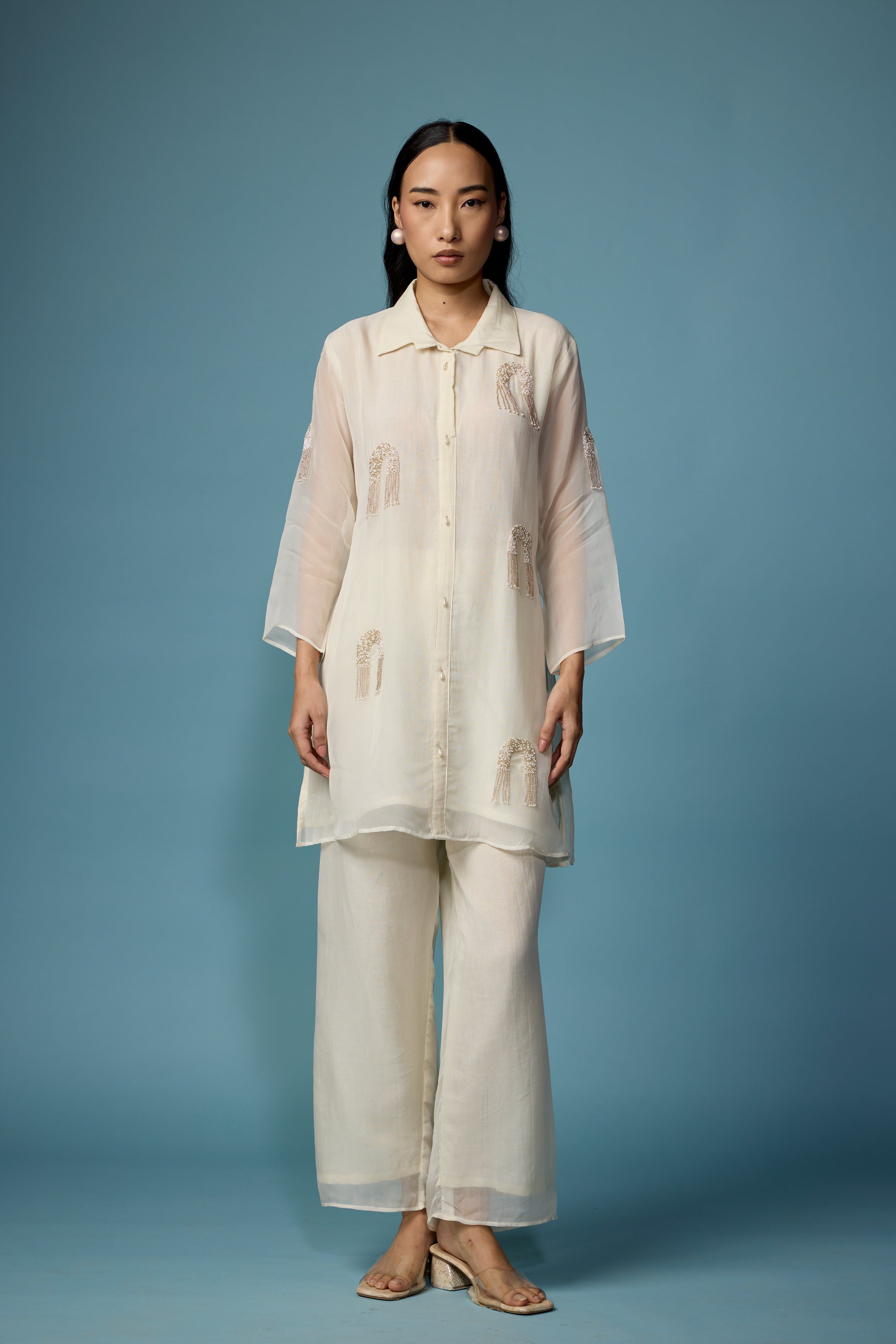 Pearl White Embellished Soft Organza Silk Co-Ord Set
