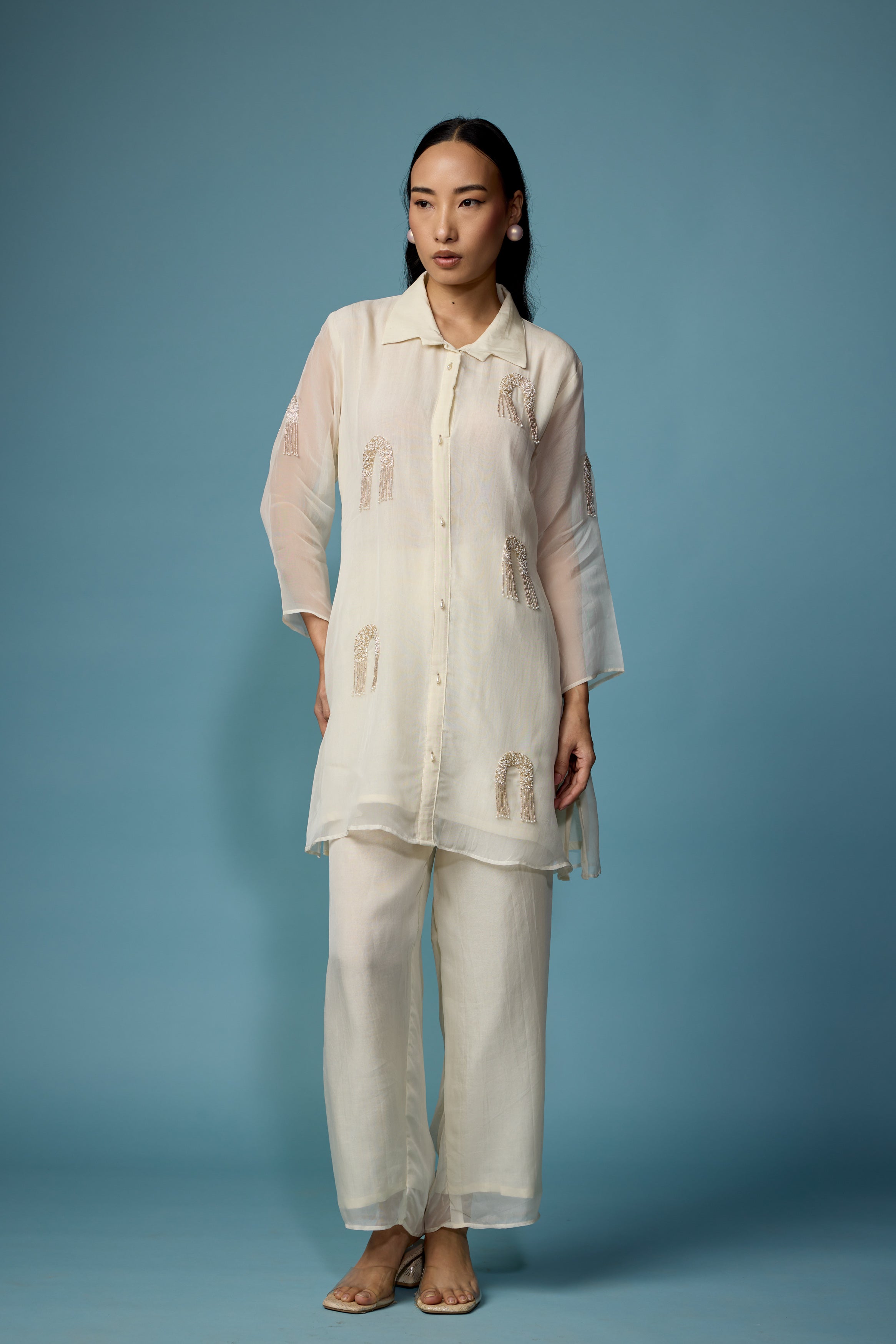 Pearl White Embellished Soft Organza Silk Co-Ord Set