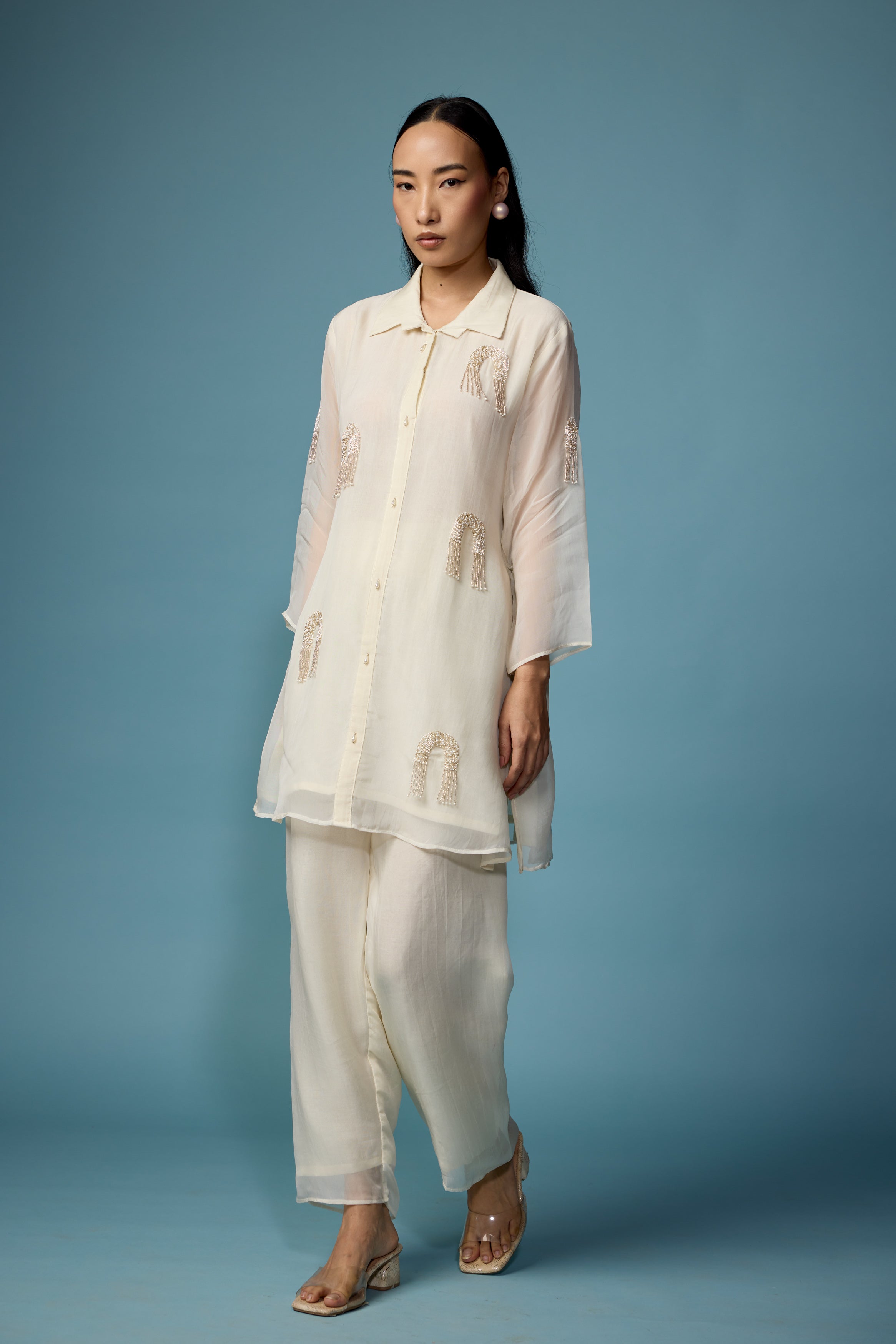 Pearl White Embellished Soft Organza Silk Co-Ord Set