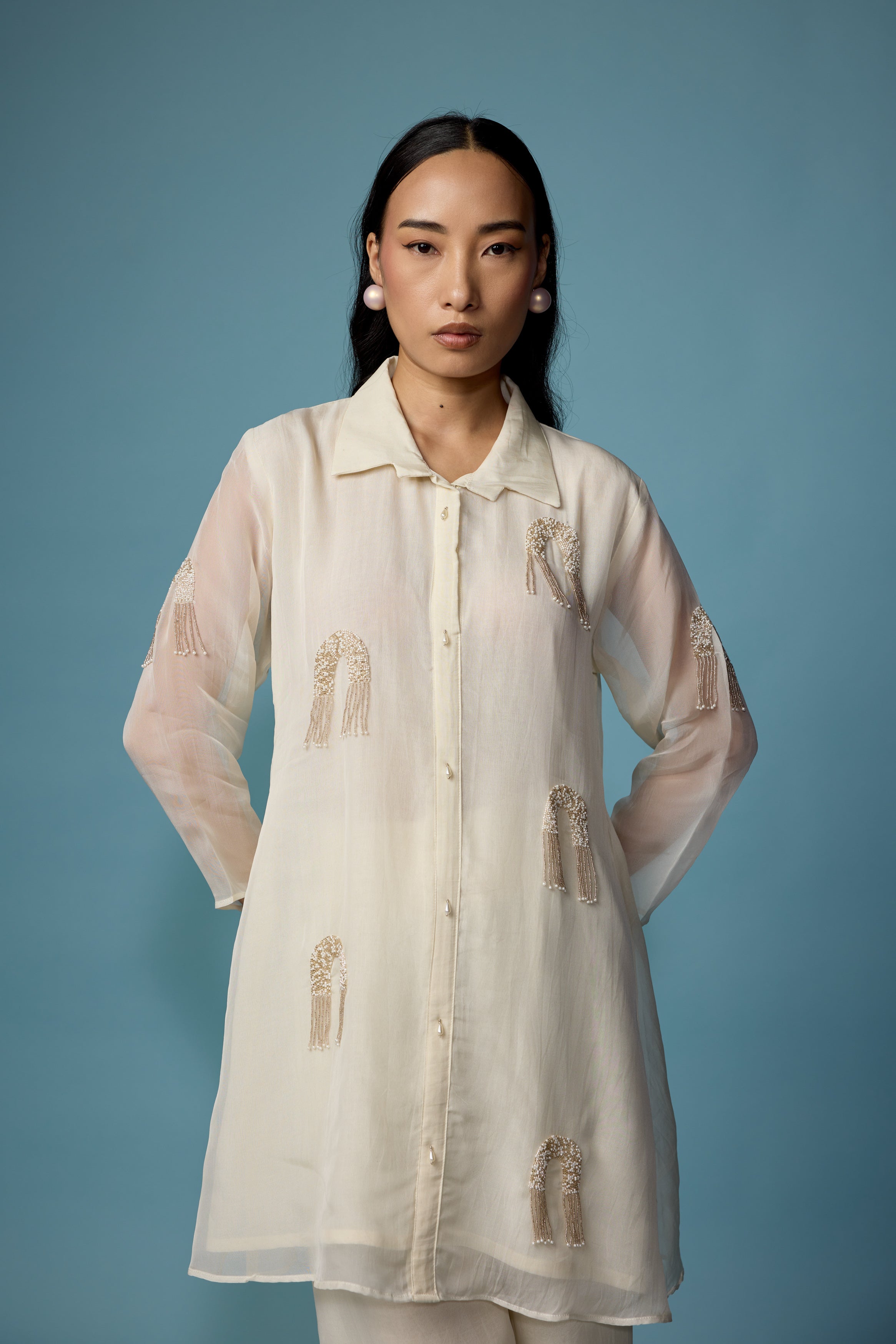 Pearl White Embellished Soft Organza Silk Co-Ord Set