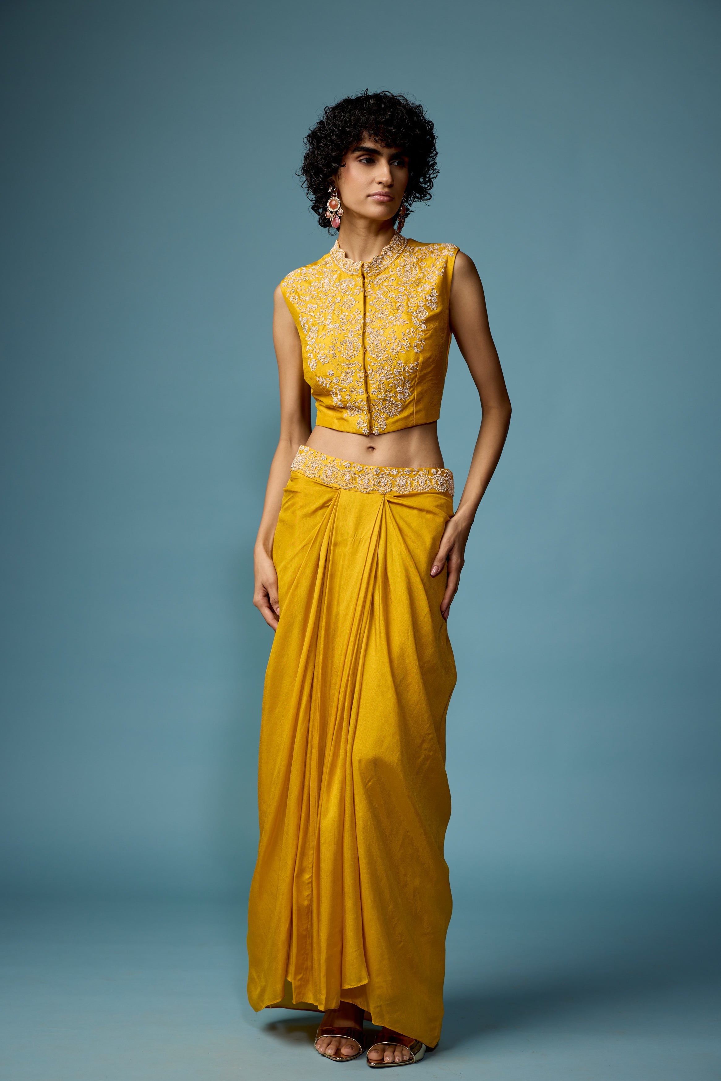Bright Yellow Embellished Raw Silk Cape Set