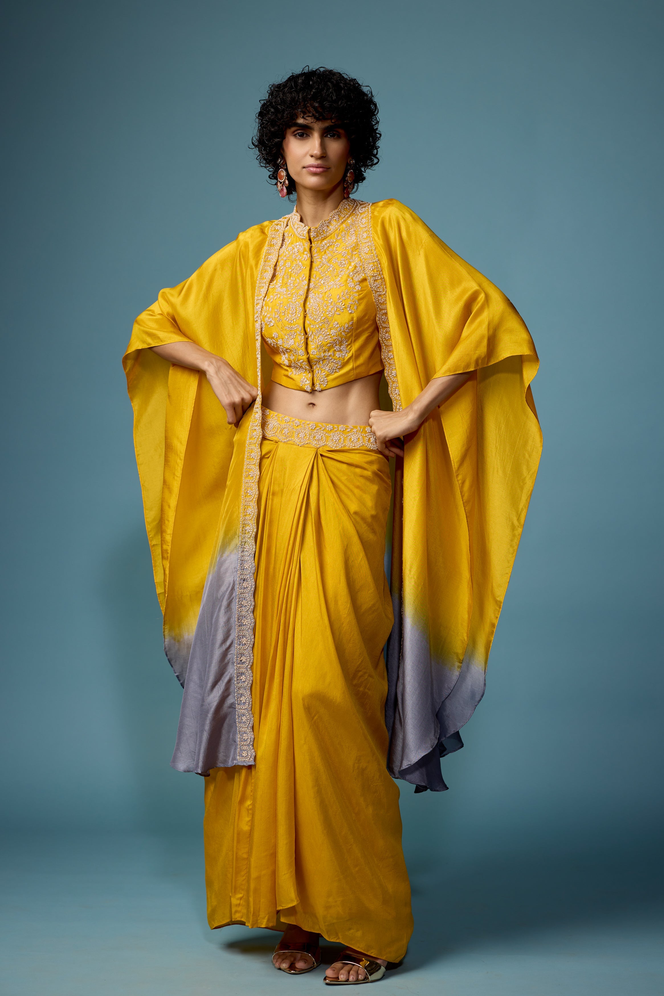Bright Yellow Embellished Raw Silk Cape Set