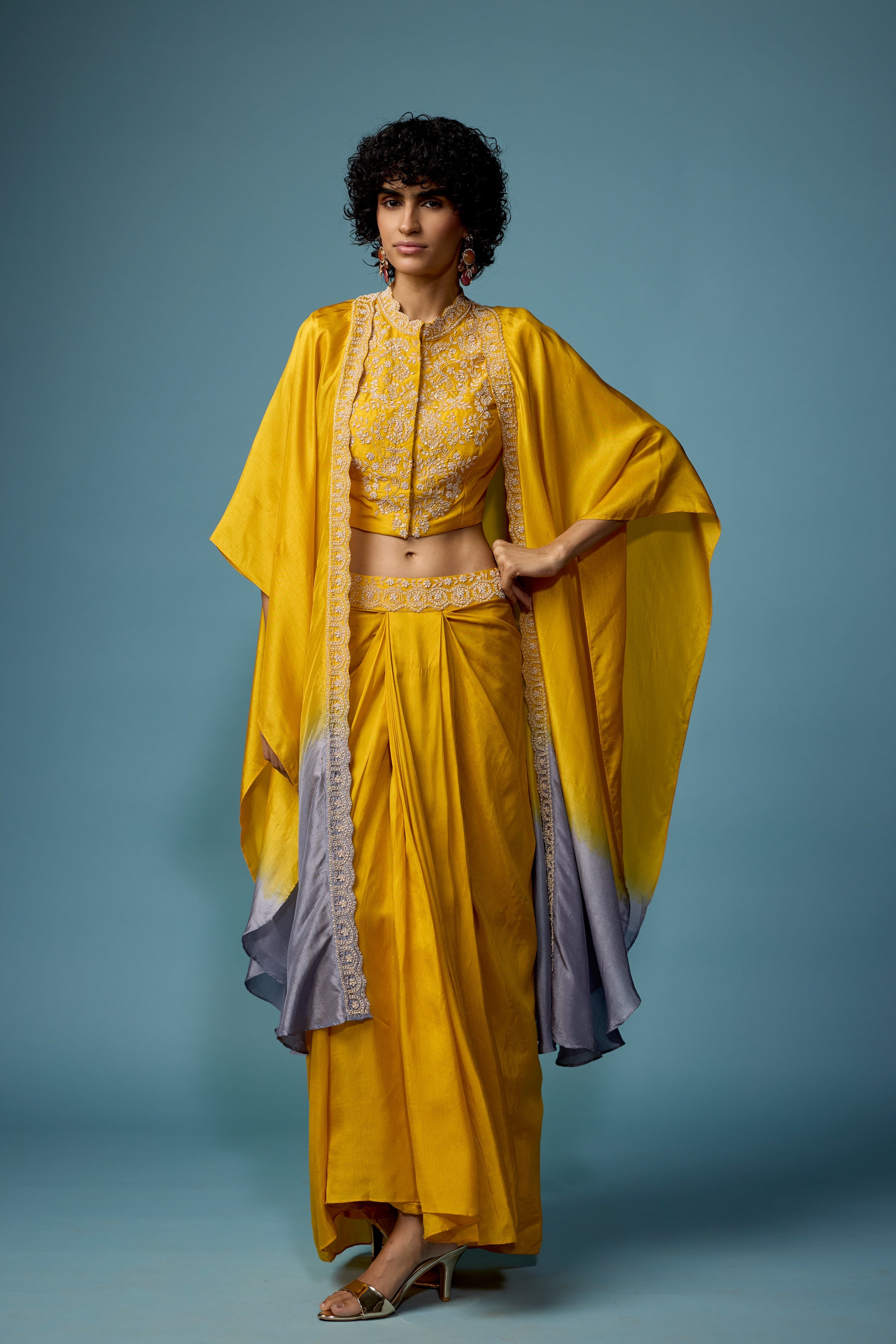 Bright Yellow Embellished Raw Silk Cape Set