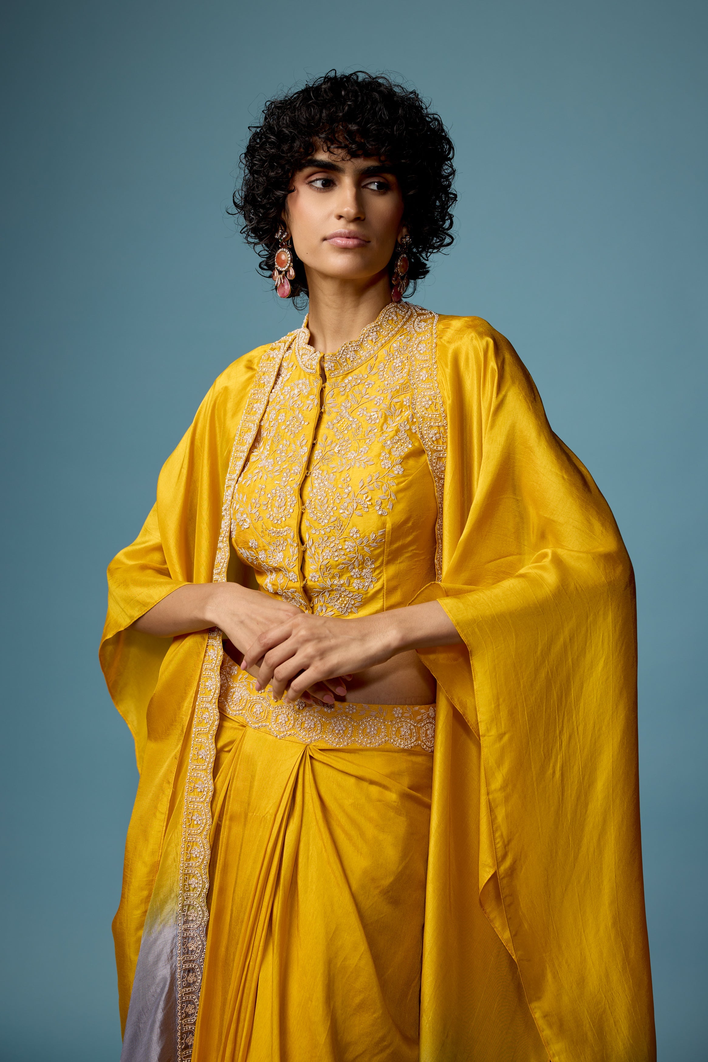 Bright Yellow Embellished Raw Silk Cape Set