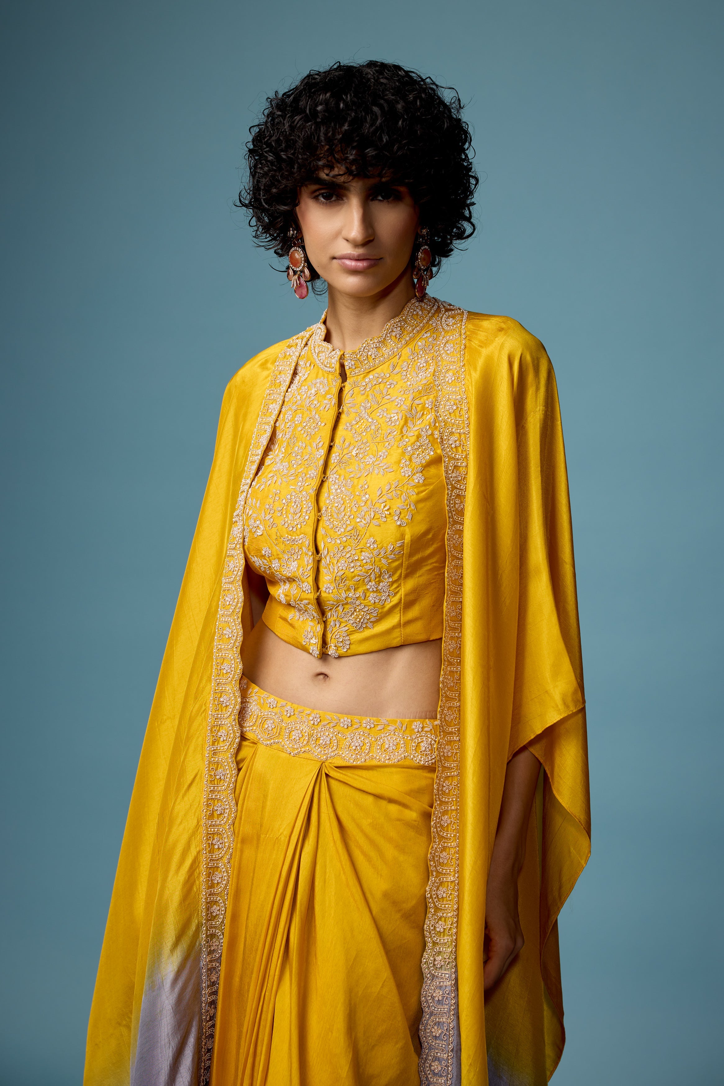 Bright Yellow Embellished Raw Silk Cape Set