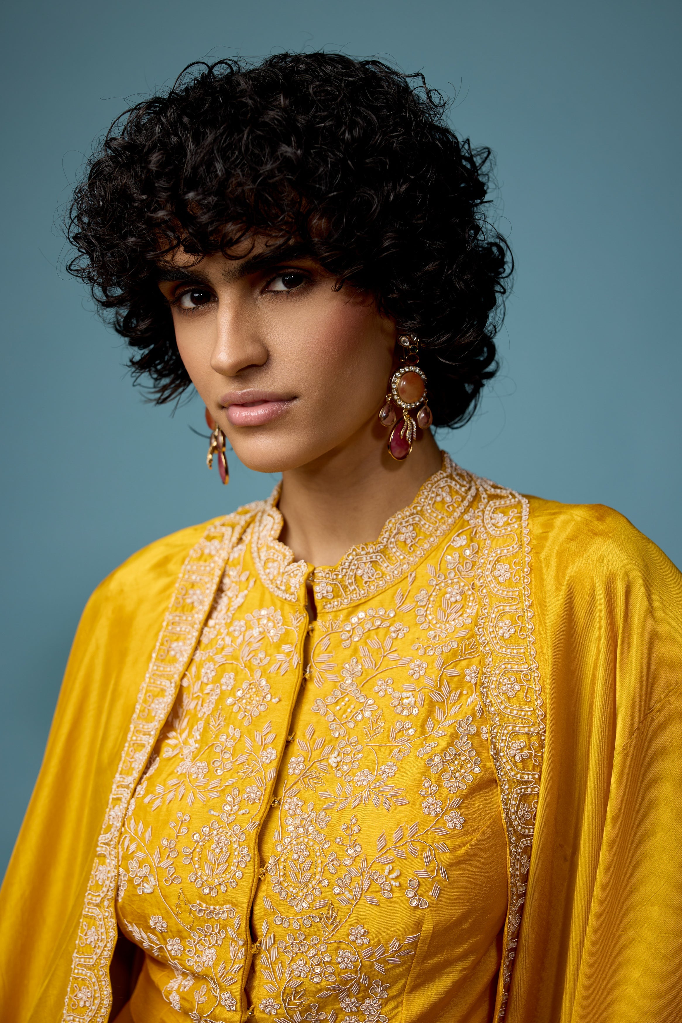 Bright Yellow Embellished Raw Silk Cape Set