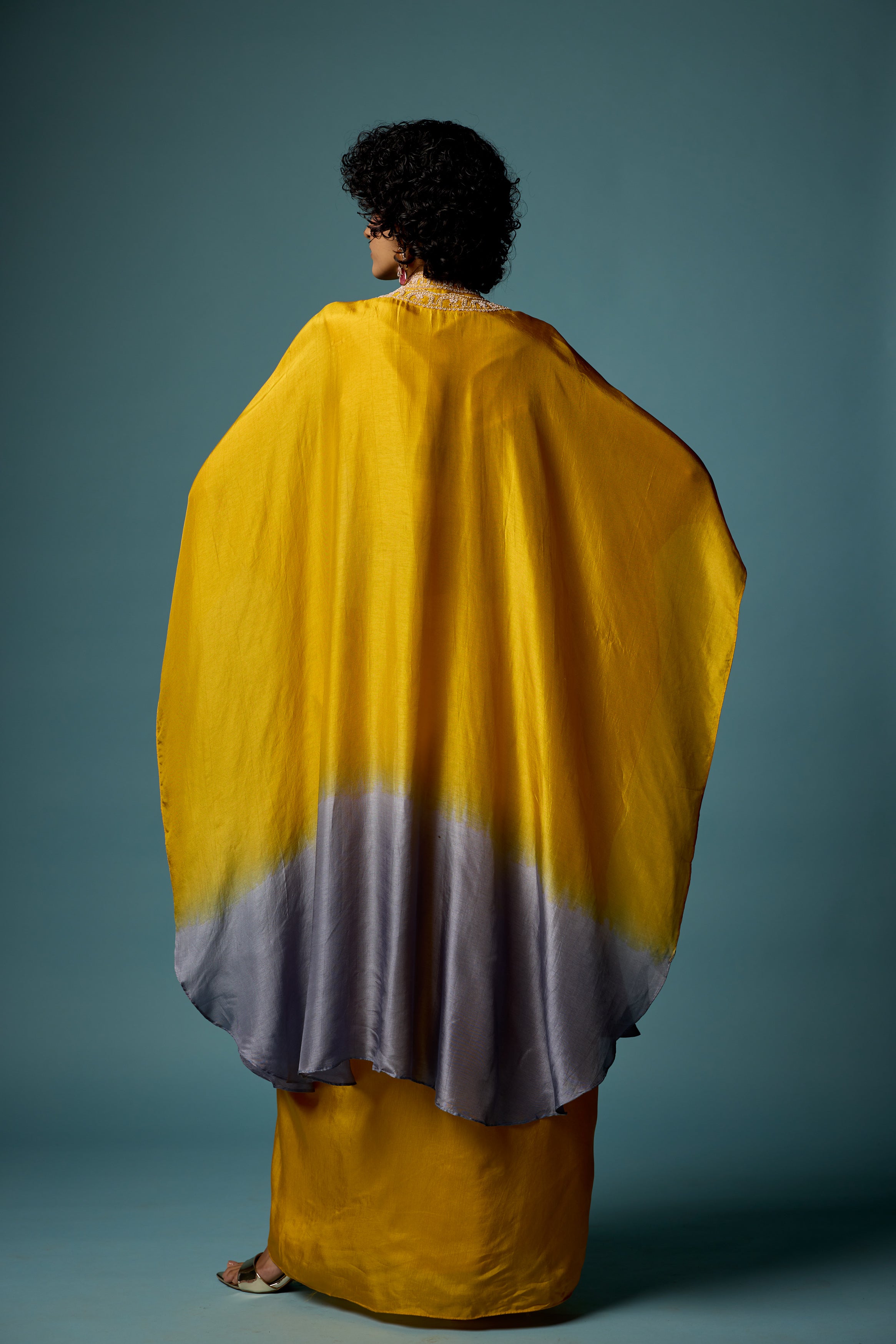 Bright Yellow Embellished Raw Silk Cape Set