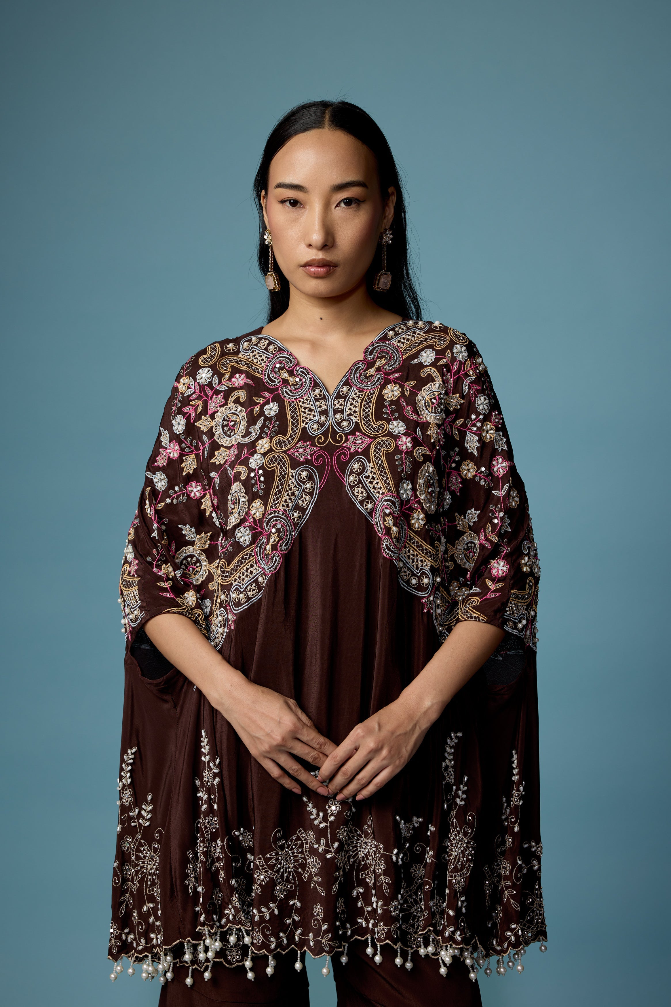 Dark Brown Embellished Silk Kaftan Set